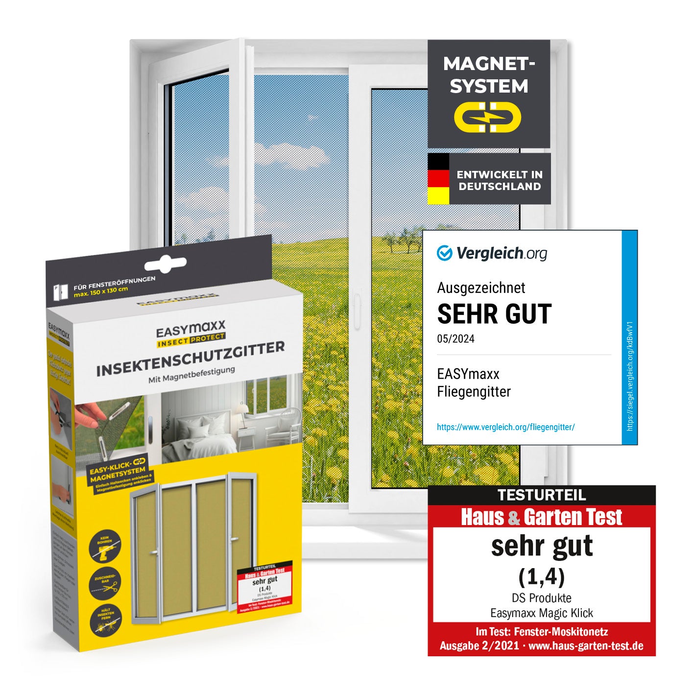 Insektenschutzgitter mit Magnetbefestigung - bis 150 x 130 cm, einfach zu montieren, schützt effektiv vor Insekten ohne Bohren.