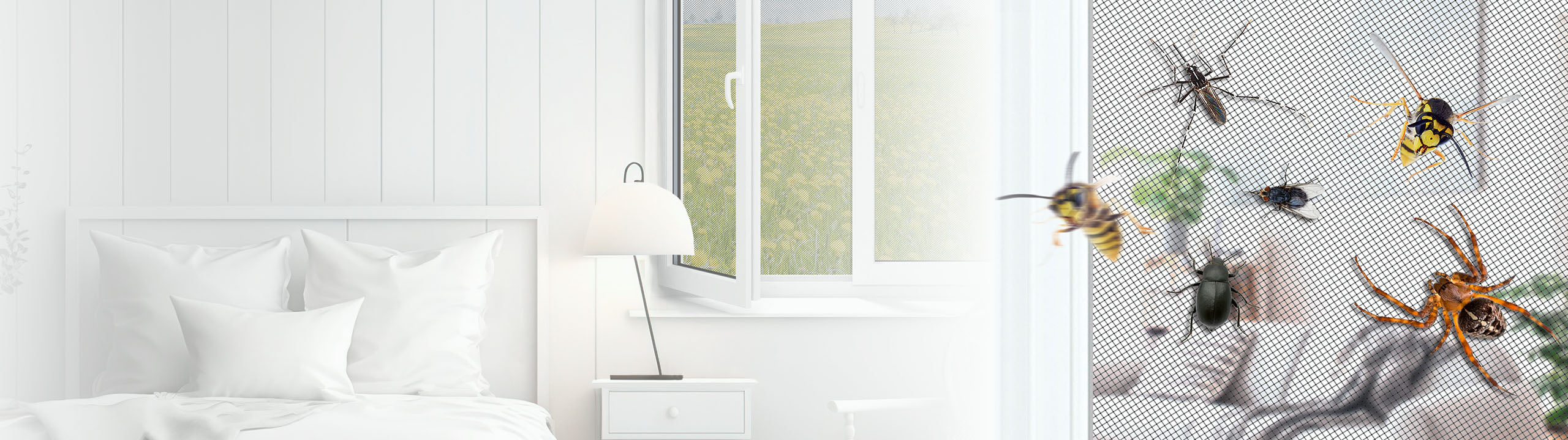 Links ein Bett mit geöffnetem Fenster, rechts ein Fliegengitter welches Spinnen, Wespen, Mücken und Käfer abhält.