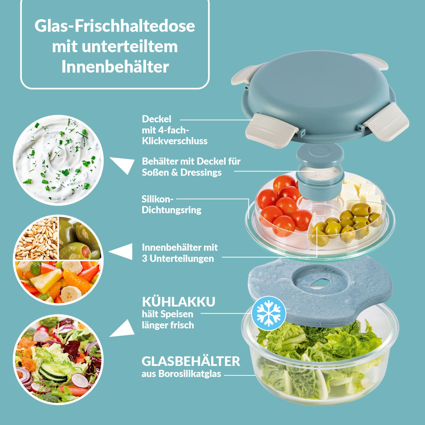 Glas-Lunchbox Klick-it mit integriertem Kühlakku 950 ml grau/grün, 4-fach-Klickverschluss, Silikondichtung, unterteiltem Innenbehälter.
