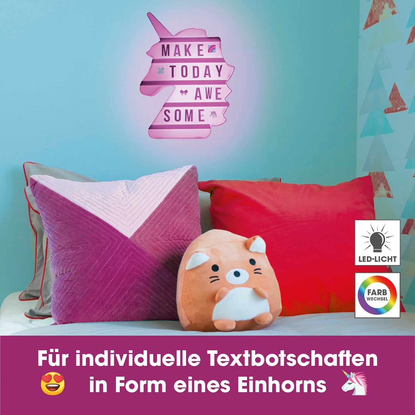 LED-Leuchtkasten Einhorn - 173 Buchstaben & 150 Moodjis, individuell beleuchtet, als ausgefallene Party- und Zimmerdekoration.