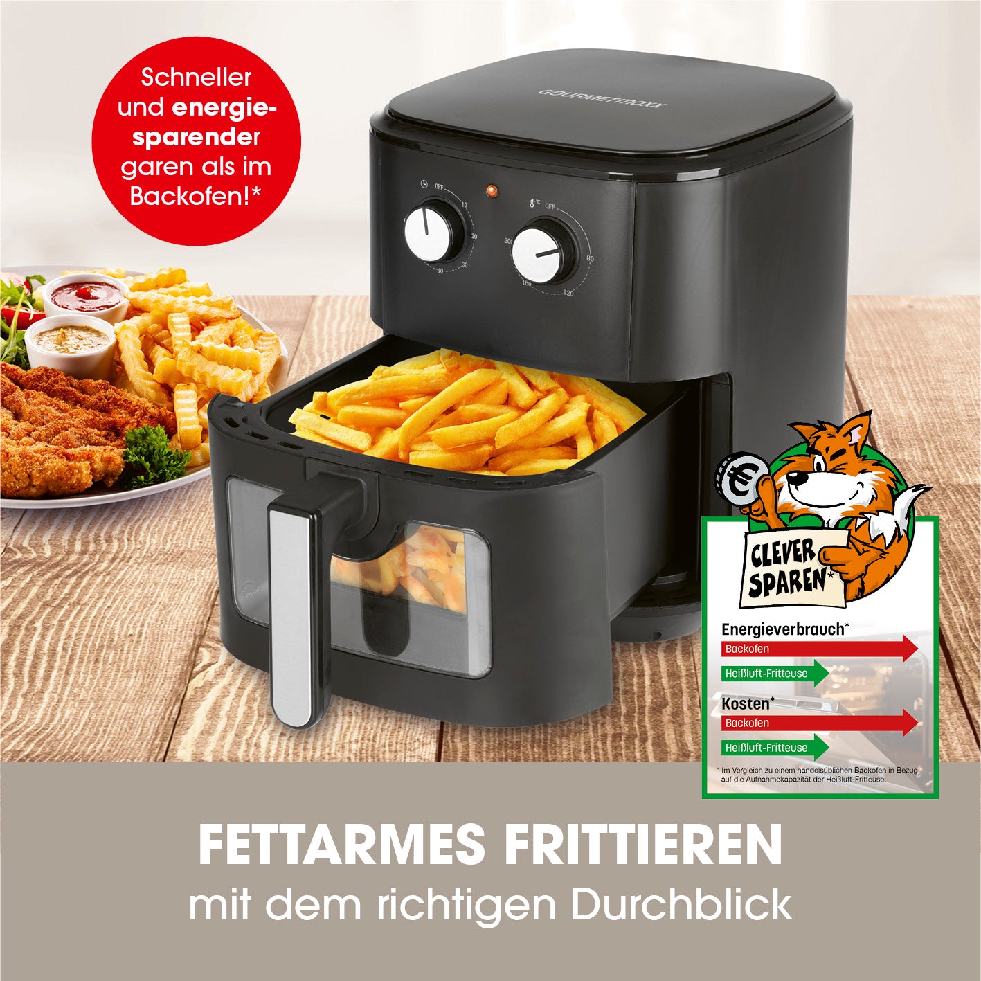 Heißluft-Fritteuse mit Sichtfenster 6,2 l schwarz, fettarmes Frittieren, Energiesparfunktion, Timer, spülmaschinengeeigneter Korb.