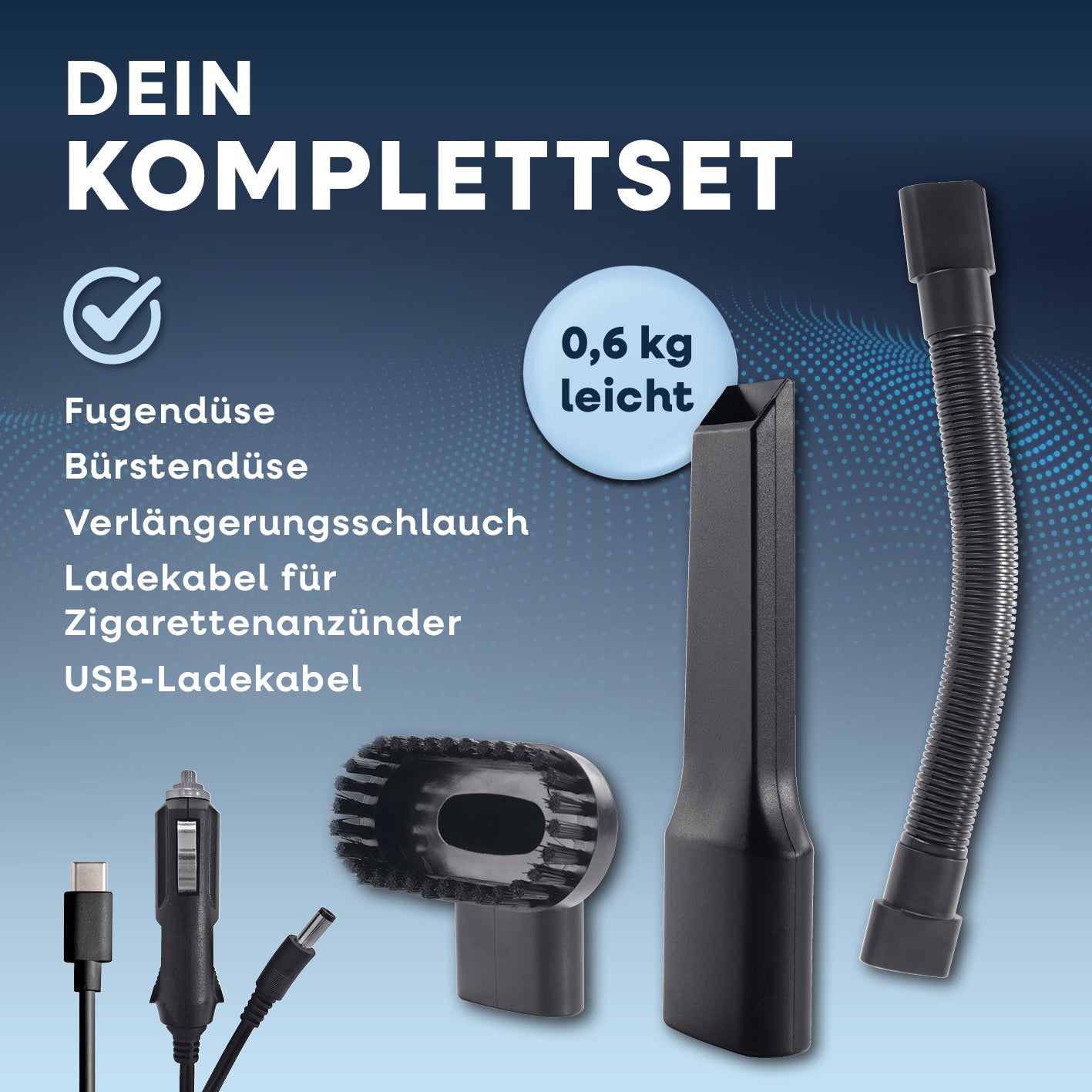Akku-Handstaubsauger Zubehörset mit Fugendüse, Bürstendüse, Verlängerungsschlauch, USB- und Zigarettenanzünder-Ladekabel, 0,6 kg leicht.