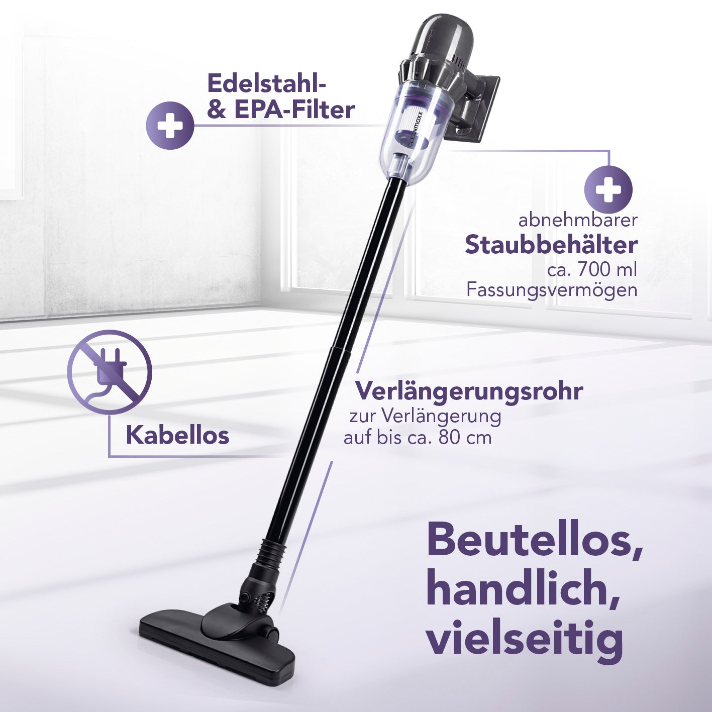 Akku-Staubsauger mit kabellosem Design, abnehmbarem 700 ml Staubbehälter, Verlängerungsrohr und Edelstahl- & EPA-Filter.