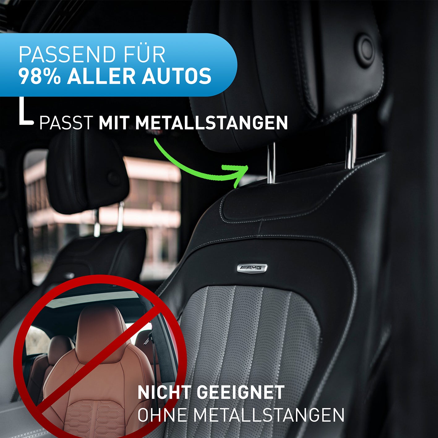 Auto-Kopfstütze - schwarzes Leder mit roten Nähten, passt für Autos mit Metallstangen, einfach montierbar, komfortabel und einstellbar.