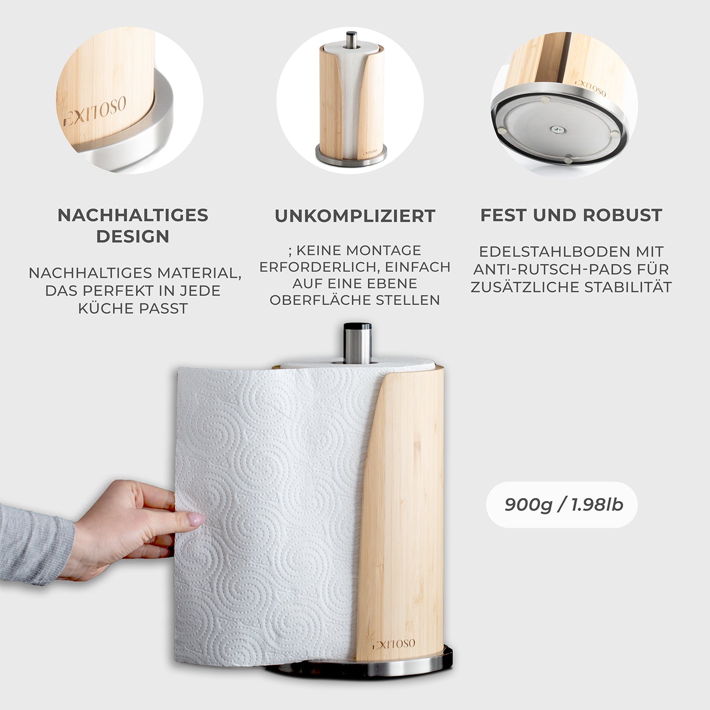 Küchenrollenhalter - Bambus + Edelstahl, nachhaltiges Design, rostfrei, stabil und platzsparend für Küche oder Bad.