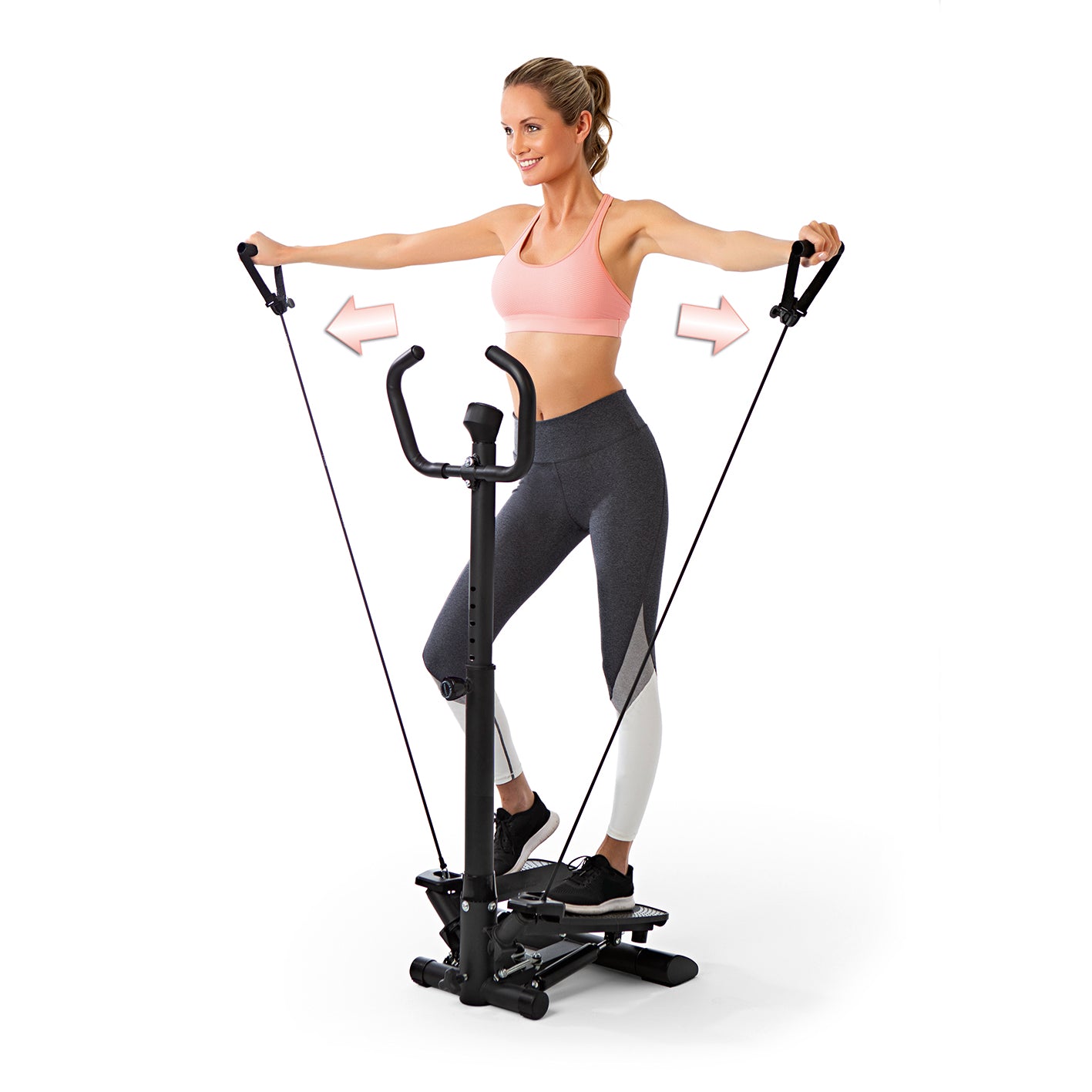 Fitnesstrainer Swing Stepper mit 2 Expanderbändern, kompakter Stepper mit Trainingscomputer für Beine und Armtraining.