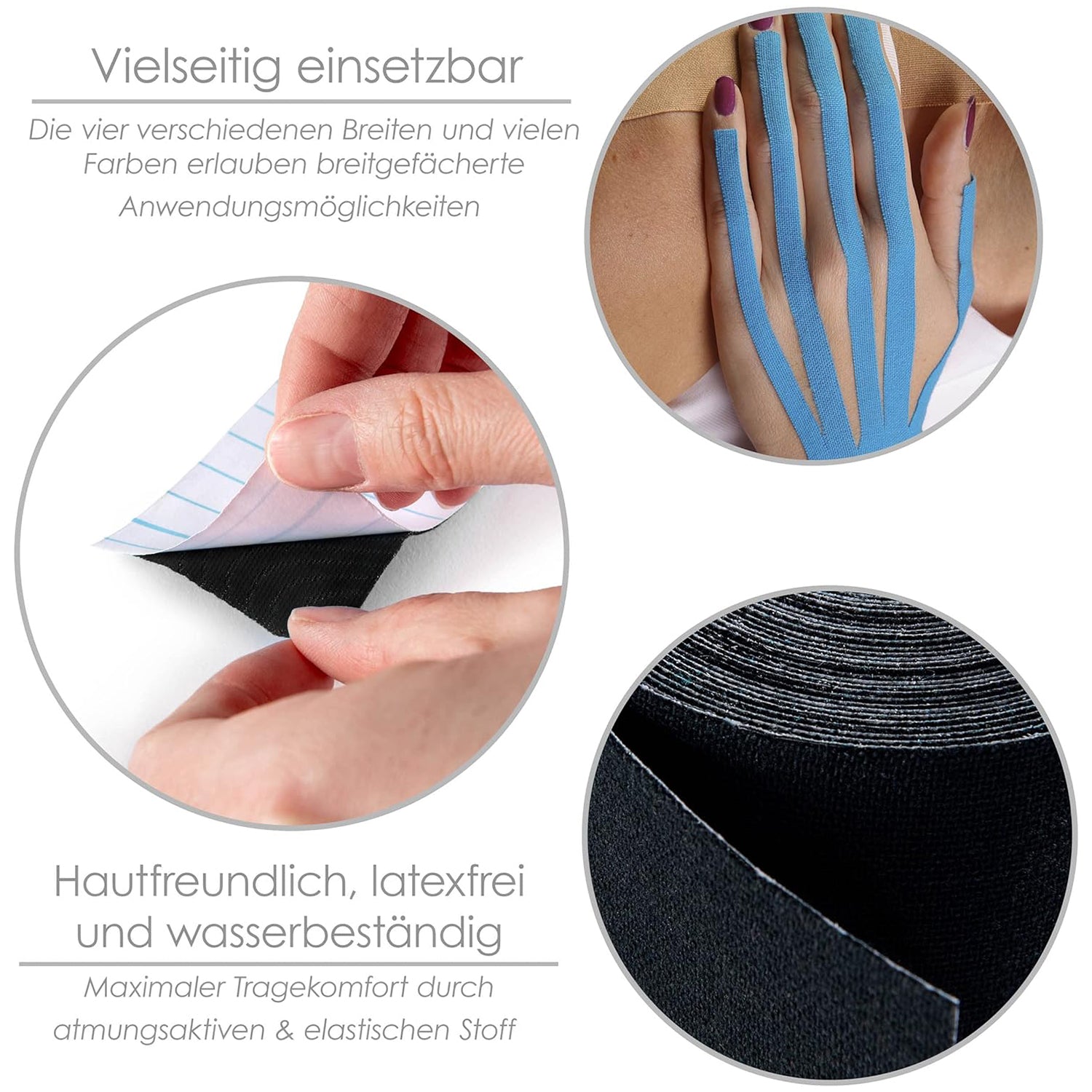 Kinesiologisches Tape - 5 cm x 5 m - Schwarz, hautfreundlich, elastisch, latexfrei und wasserbeständig, ideal für vielfältige Anwendungen.