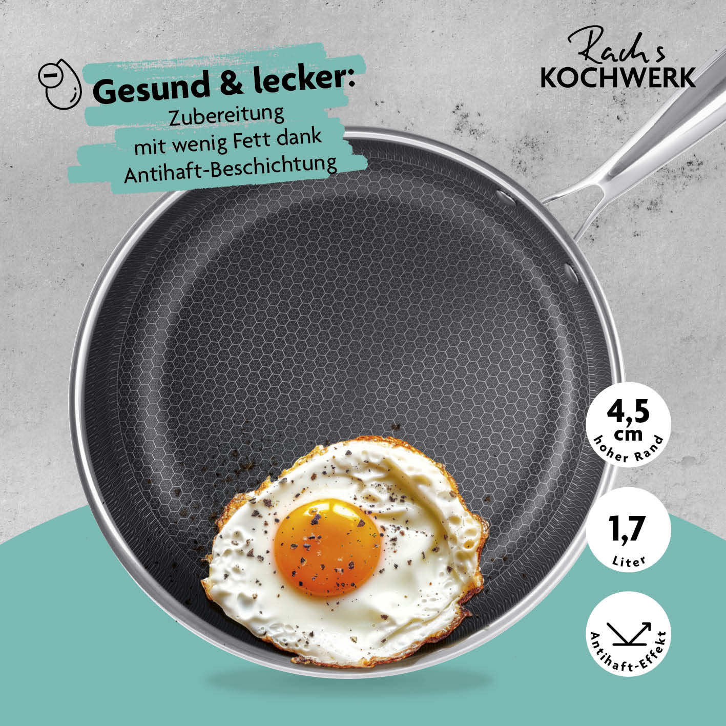 Edelstahl-Pfanne mit Wabenstruktur Ø 24 cm, kratzfest, antihaftbeschichtet, 4-Lagen-Design, geeignet für alle Herdarten, mit hohem Rand.