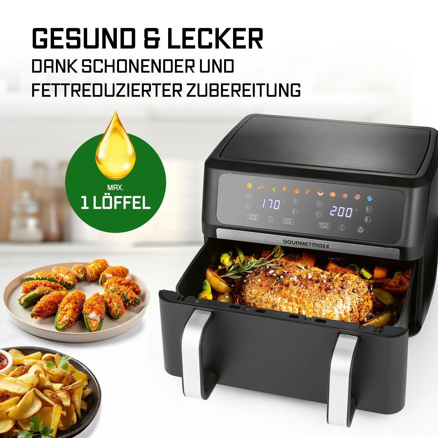 Vario-Kammer-Heißluftfritteuse - 10 Liter mit fettarmer Zubereitung, zwei Kammern und intuitivem Touchscreen für gesunde Gerichte.