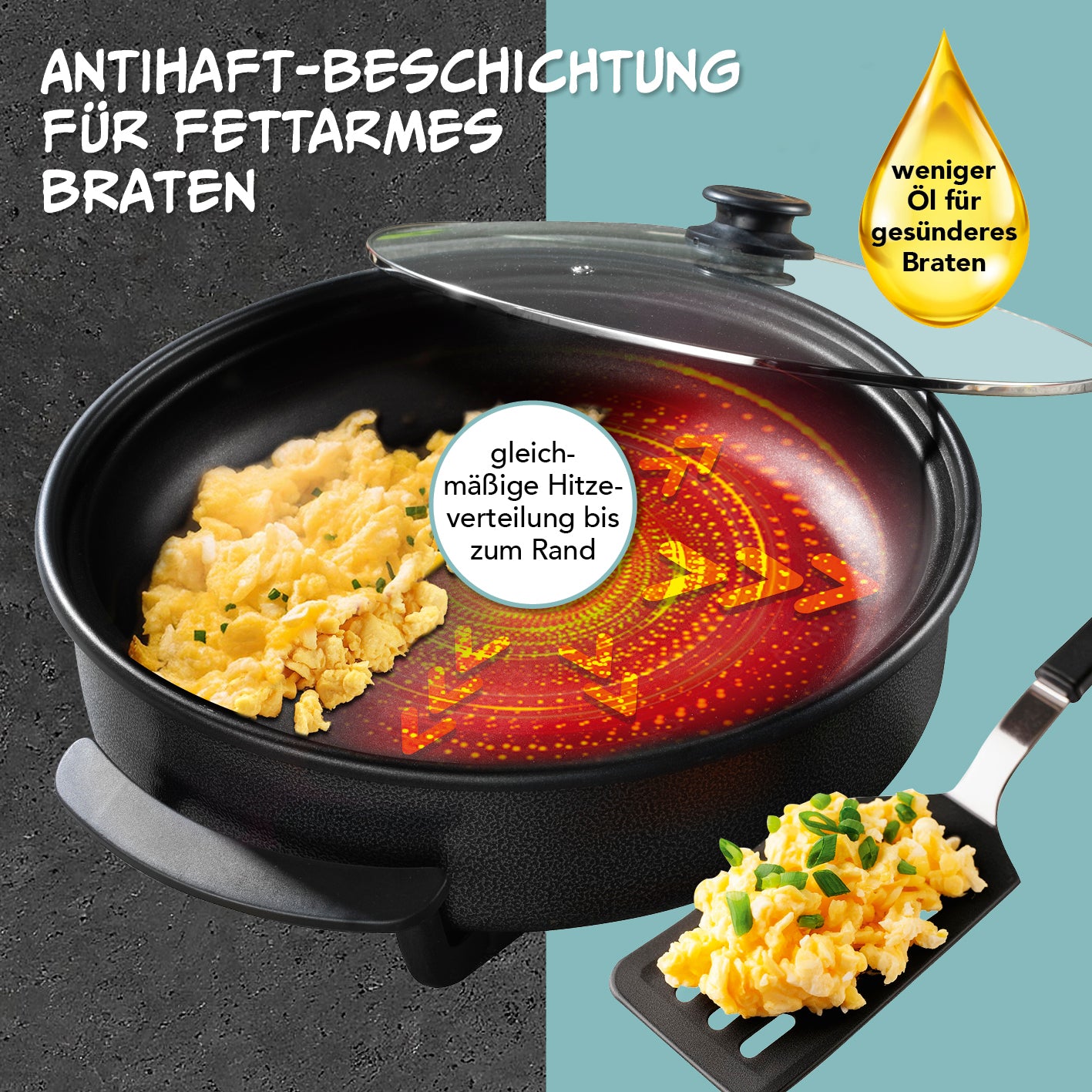 Pizza-Pfanne mit Deckel - Elektrisch 1500W - ⌀ 40 cm mit Antihaftbeschichtung für fettarmes Braten und gleichmäßiger Hitzeverteilung