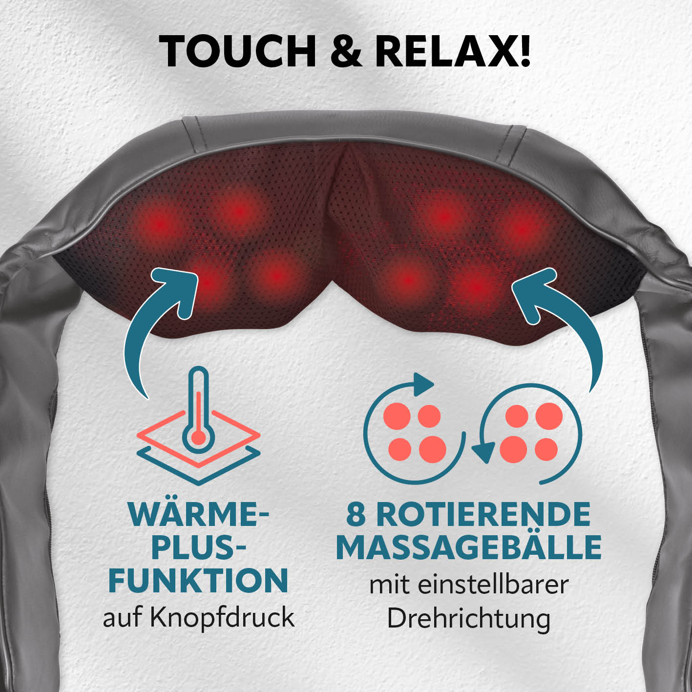 Shiatsu-Massagegerät mit 8 rotierenden Massagebällen und Wärmefunktion für gezielte Entspannung von Nacken und Schultern.