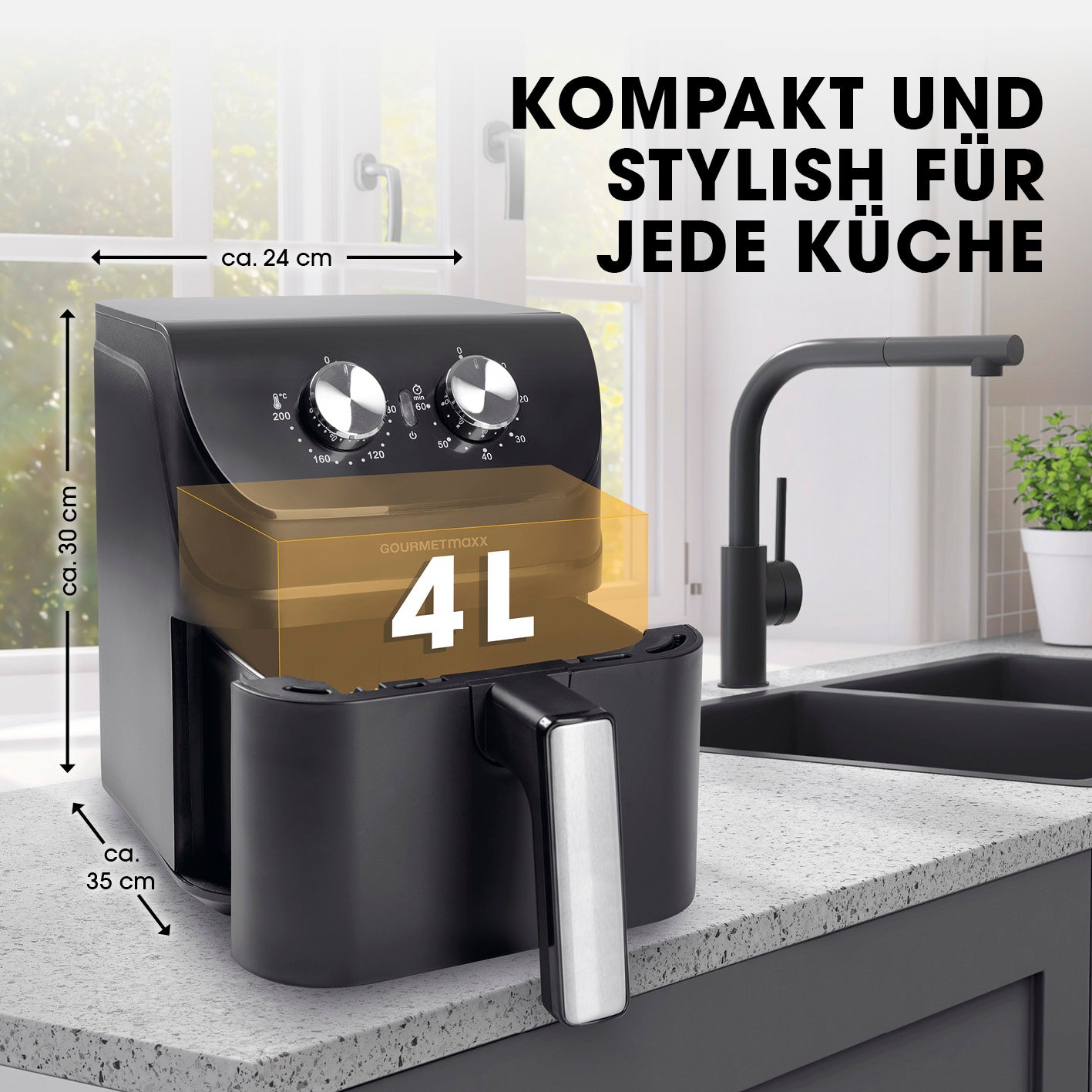 Heißluftfritteuse mit 4 Litern Fassungsvermögen - 1400 Watt, kompakt, stilvoll, ideal für fettarmes Garen in jeder Küche.