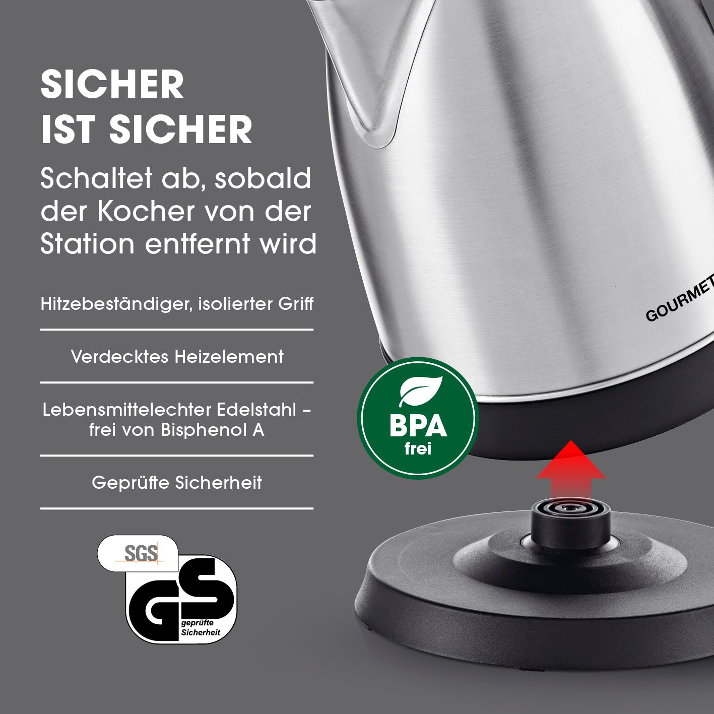 Wasserkocher - 1,8l - Edelstahl mit automatischer Abschaltung, BPA-frei, verdecktem Heizelement und isoliertem Griff.
