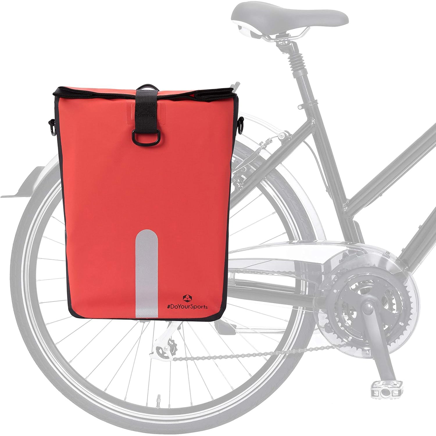 Wasserdichte Fahrradtasche Roll-Top - 21 L - Rot, reflektierend, flexibel befestigt, mit Schulter- und Haltegriff, wetterfest.