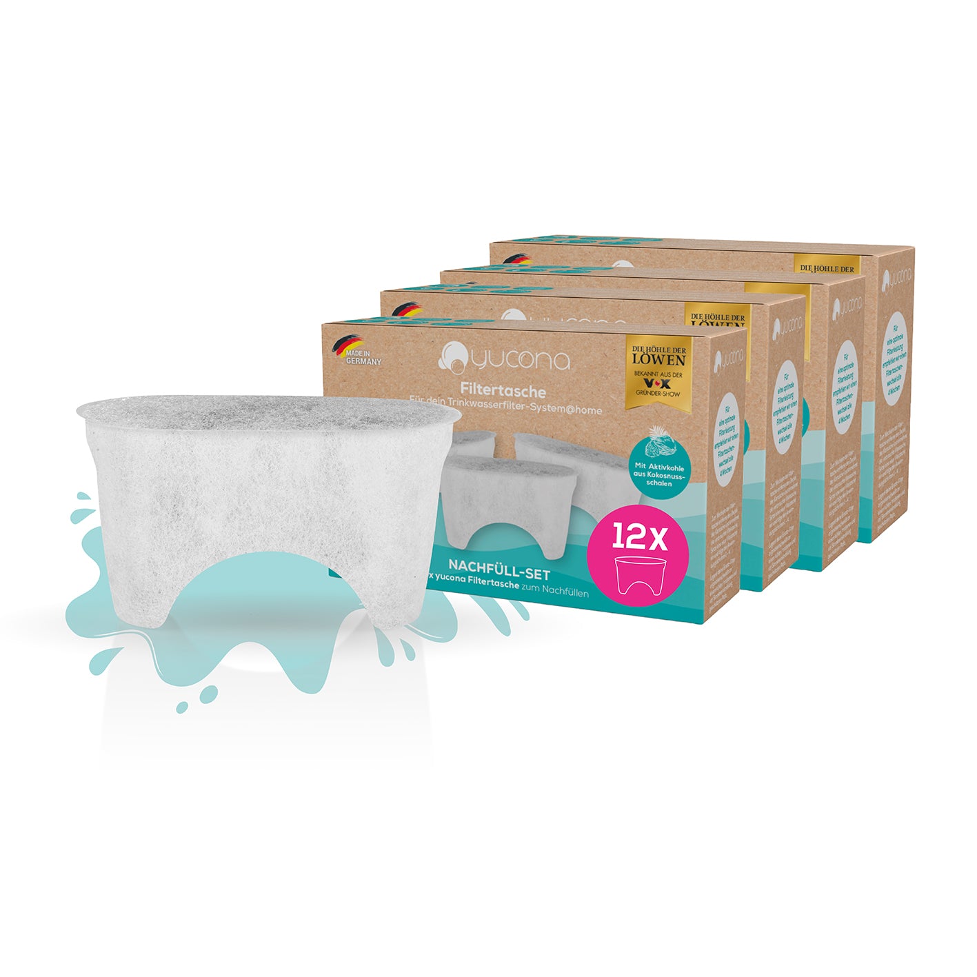 Wasserfilter Nachfüllset - 12er-Set Filtertaschen für yucona Trinkwasserfilter, reduziert Kalk, Chlor und Metalle wie Blei und Kupfer.