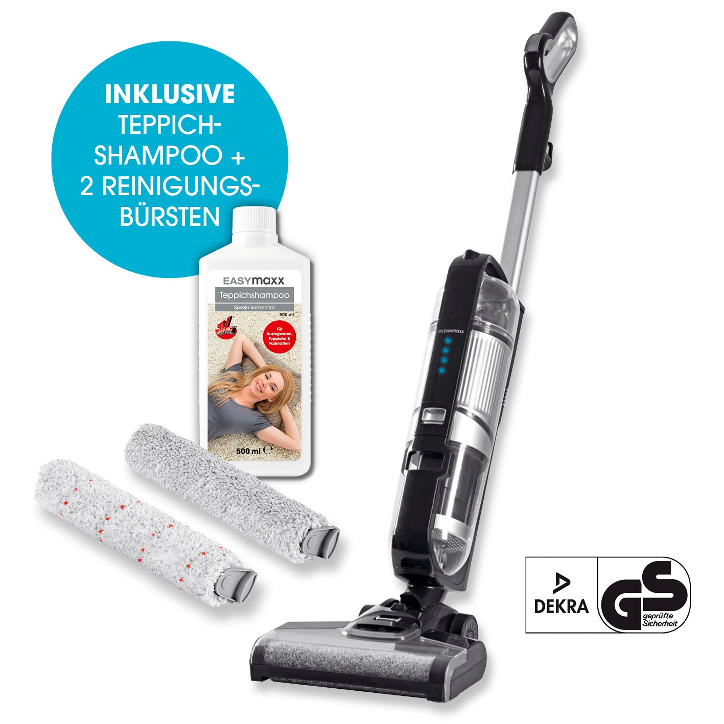 Multi-Bodenreiniger mit Teppichshampoo, zwei Reinigungsbürsten und 3IN1-Funktion für alle Böden von CLEANmaxx.