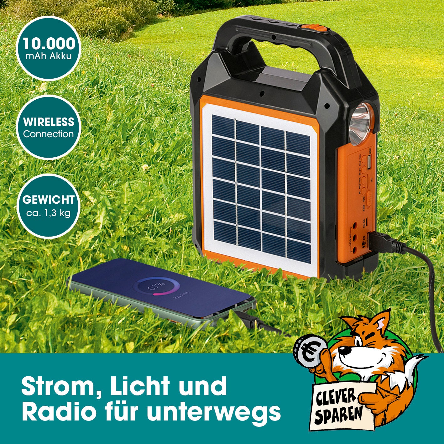 Solar-Generator Kit 10000mAh mit Solarpanel, USB-Ladung, integrierter Taschenlampe, Radio und LED-Leuchten für unterwegs