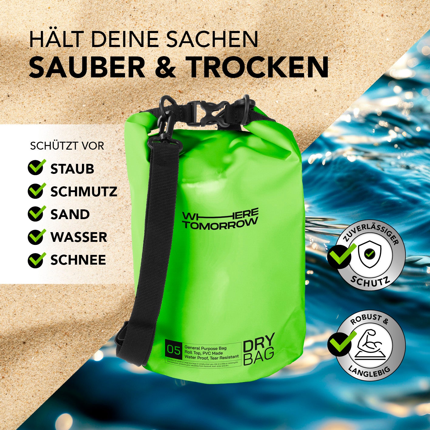 Dry Bag 5L - Style 01 - Grün, wasserdichter und robuster Outdoor-Rucksack schützt vor Staub, Schmutz, Sand, Wasser und Schnee.