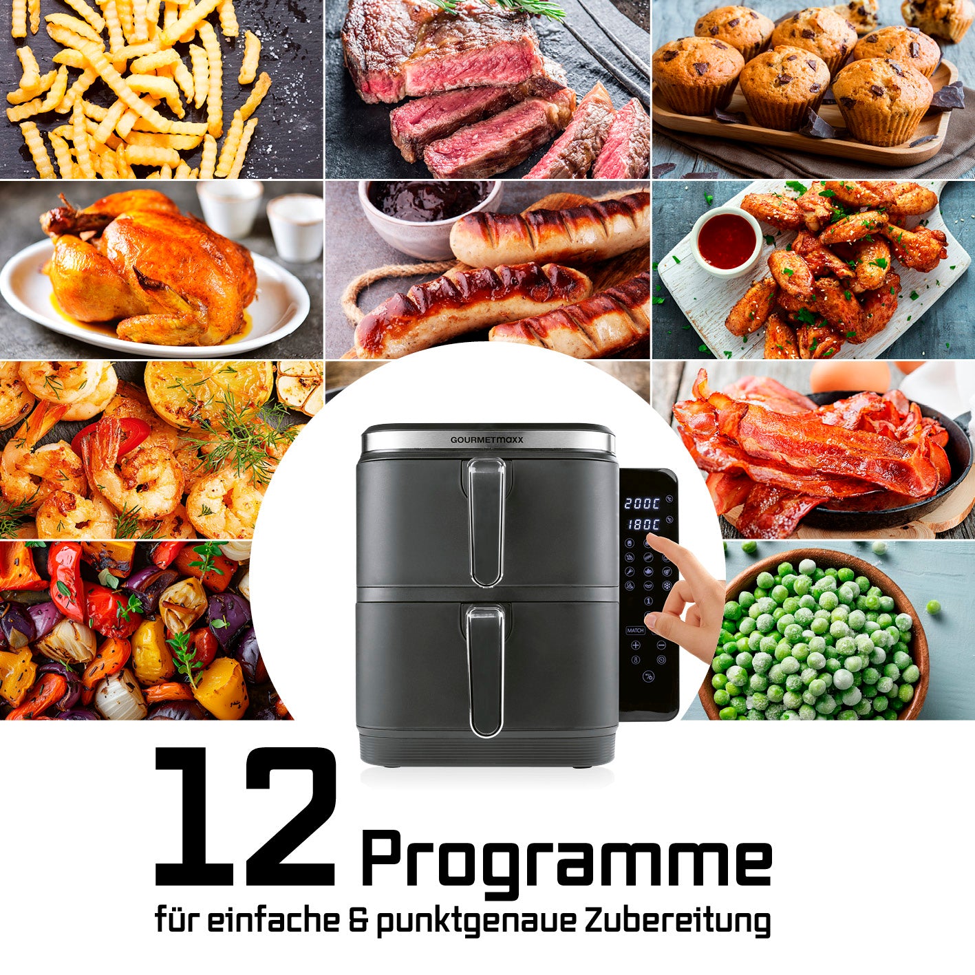 FryUp Vertikale Doppelkammer-Heißluftfritteuse - Grau mit 12 Programmen für vielseitige und genaue Zubereitung verschiedener Speisen.
