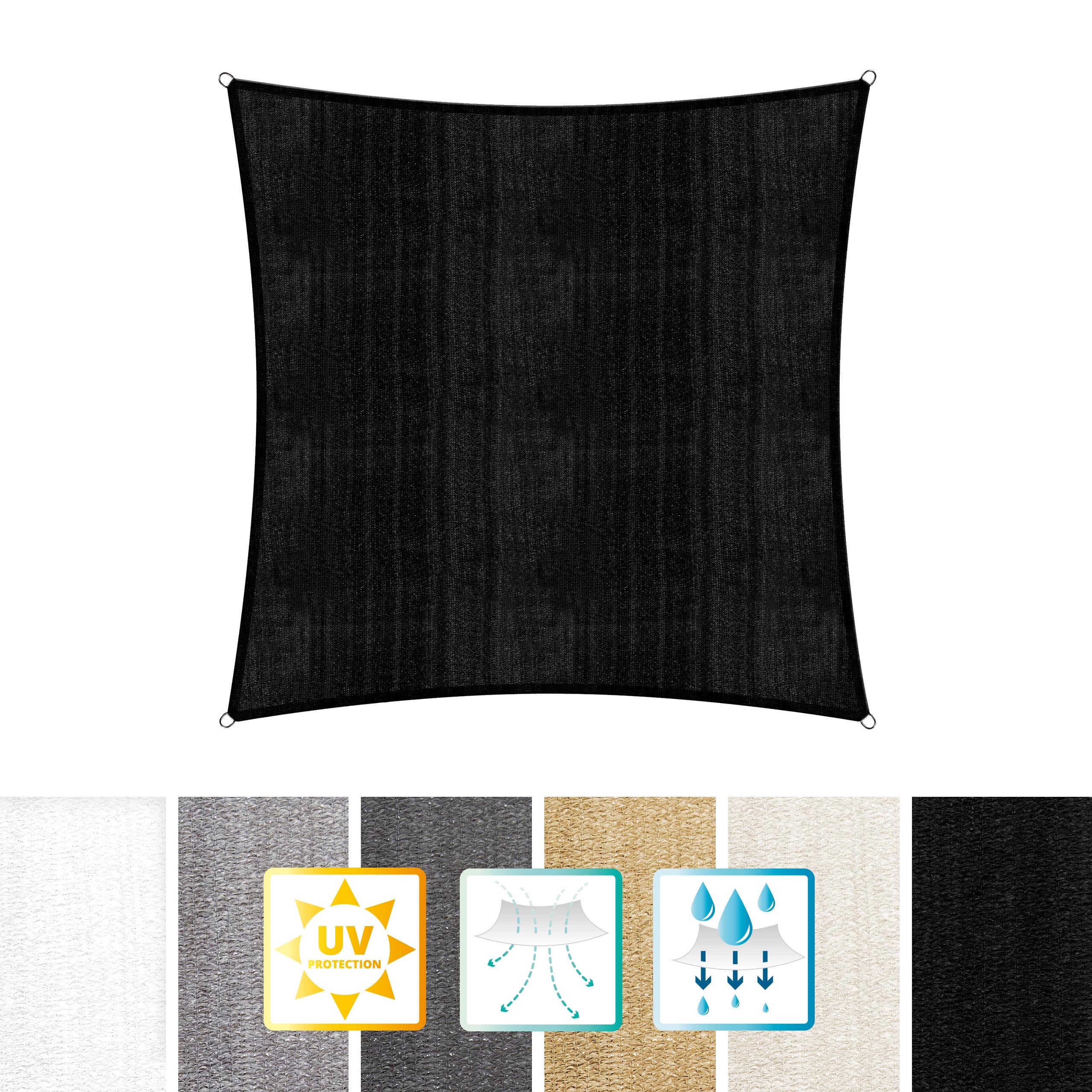Sonnensegel 100% HDPE mit Stabilisator für UV-Schutz - Quadrat 4 x 4 Meter - Schwarz, robust und UV-beständig