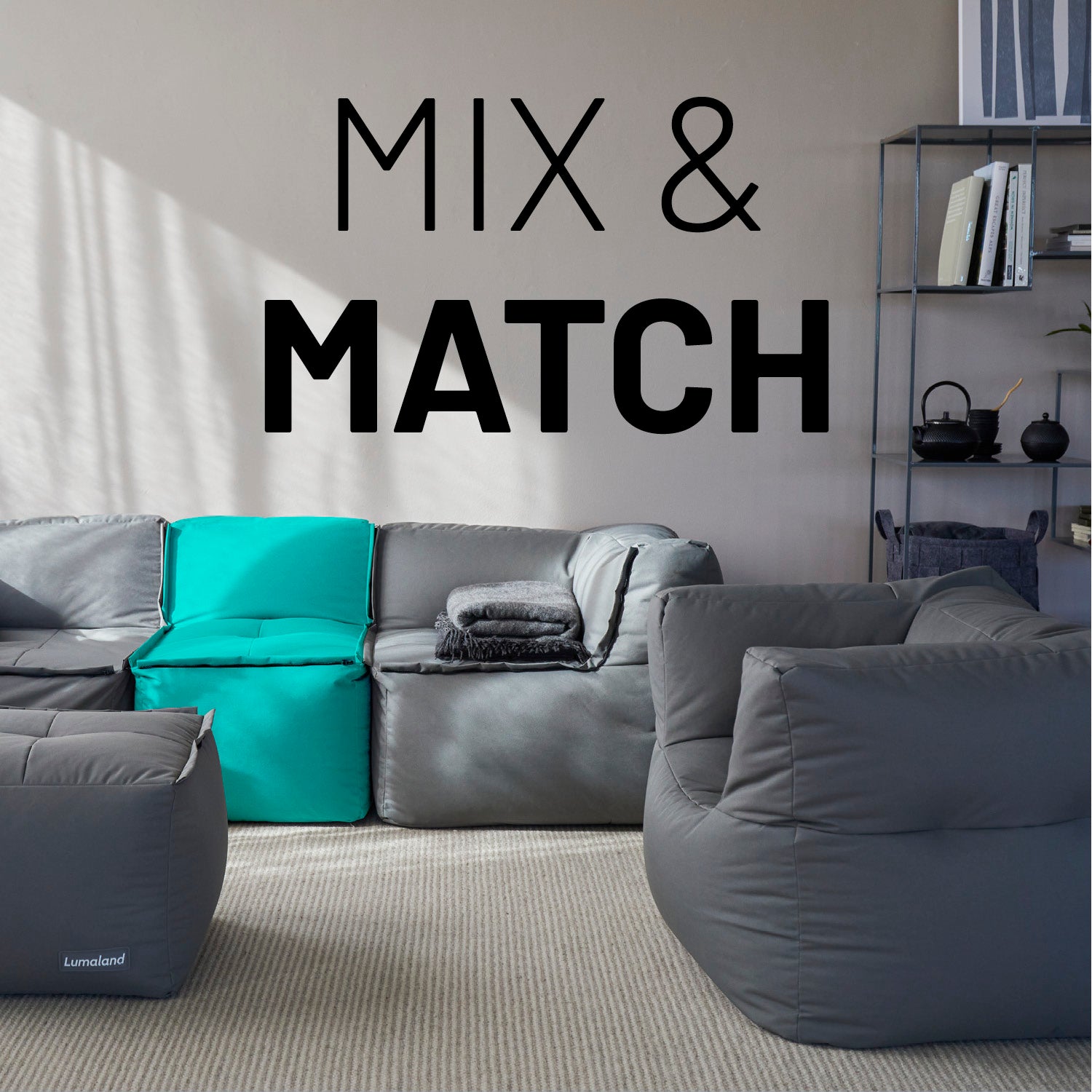 Sitzsack-Sofa Ecke (340 L) in Türkis und Grau, modulares System für Indoor & Outdoor mit Mix-&-Fix-Reißverschluss.