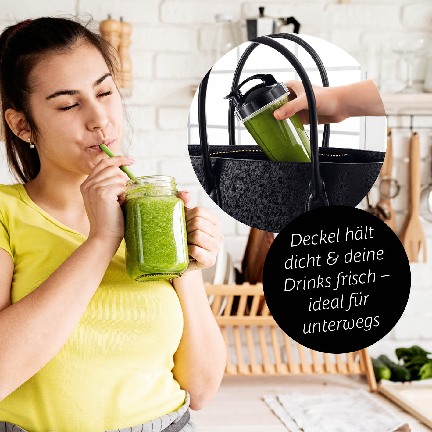 Frau trinkt grünen Smoothie neben Detailbild Tasche mit To-go-Becher vom Mr. Magic Power 400 Pro mit Zubehörset L - Silber/Schwarz.