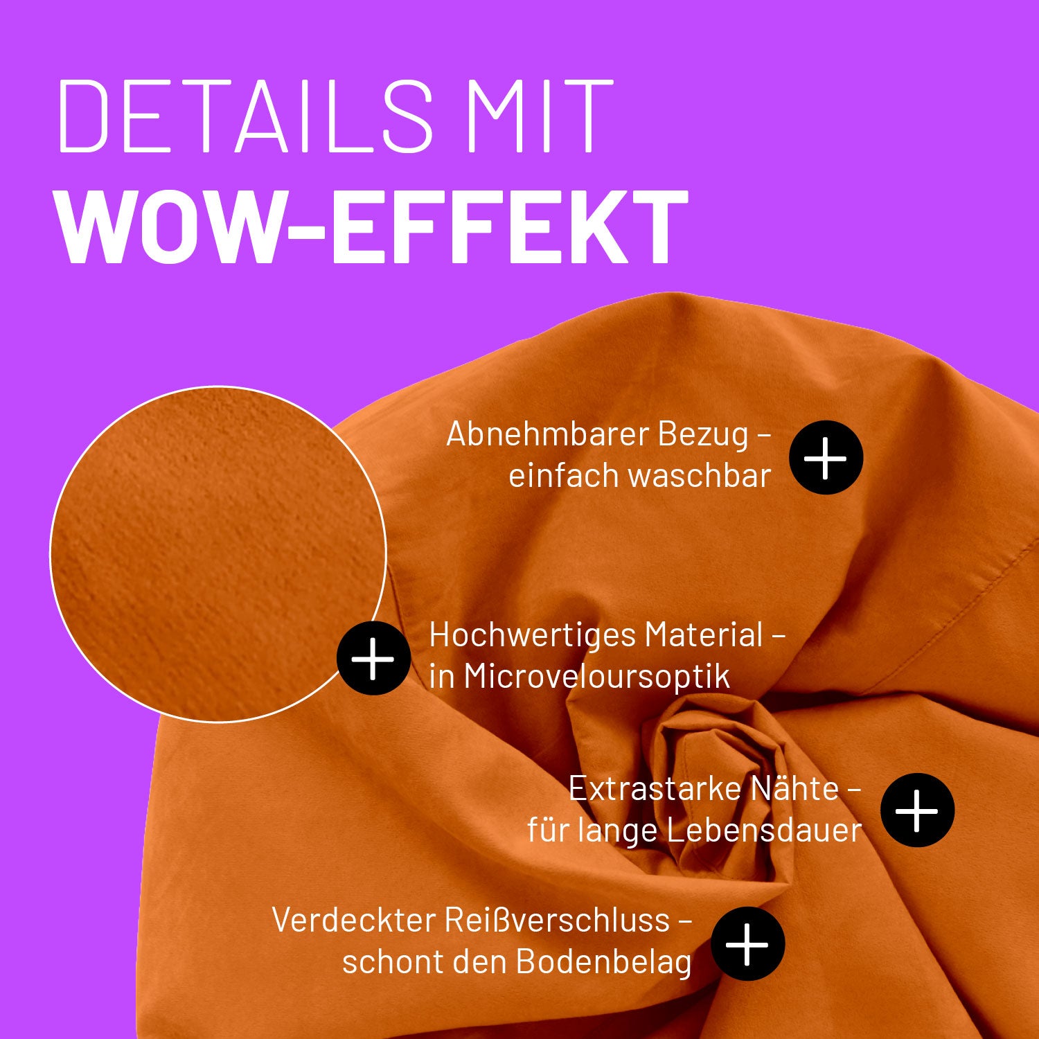 Luxury XL PLUS Sitzsack (220 L) Orange mit abnehmbarem Bezug, Microvelours, extra starken Nähten und verdecktem Reißverschluss.