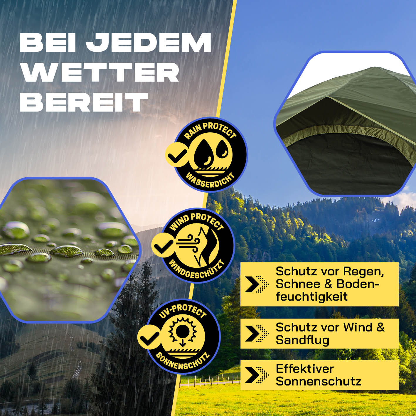 Pop-up-Wurfzelt für 4 Personen - grün, wasserfest, windgeschützt, mit effektivem Sonnenschutz für jede Wetterlage.