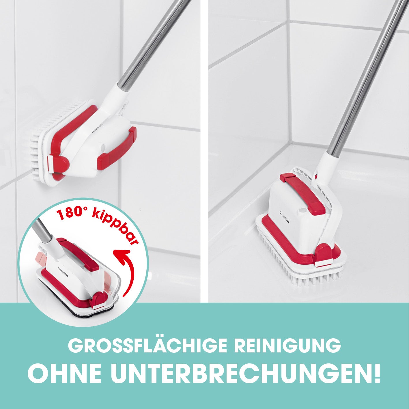 Akku-Scheuerbürste - weiß/rot mit 180° kippbarem Kopf für kabellose, großflächige Boden- und Handreinigung ohne Unterbrechungen.
