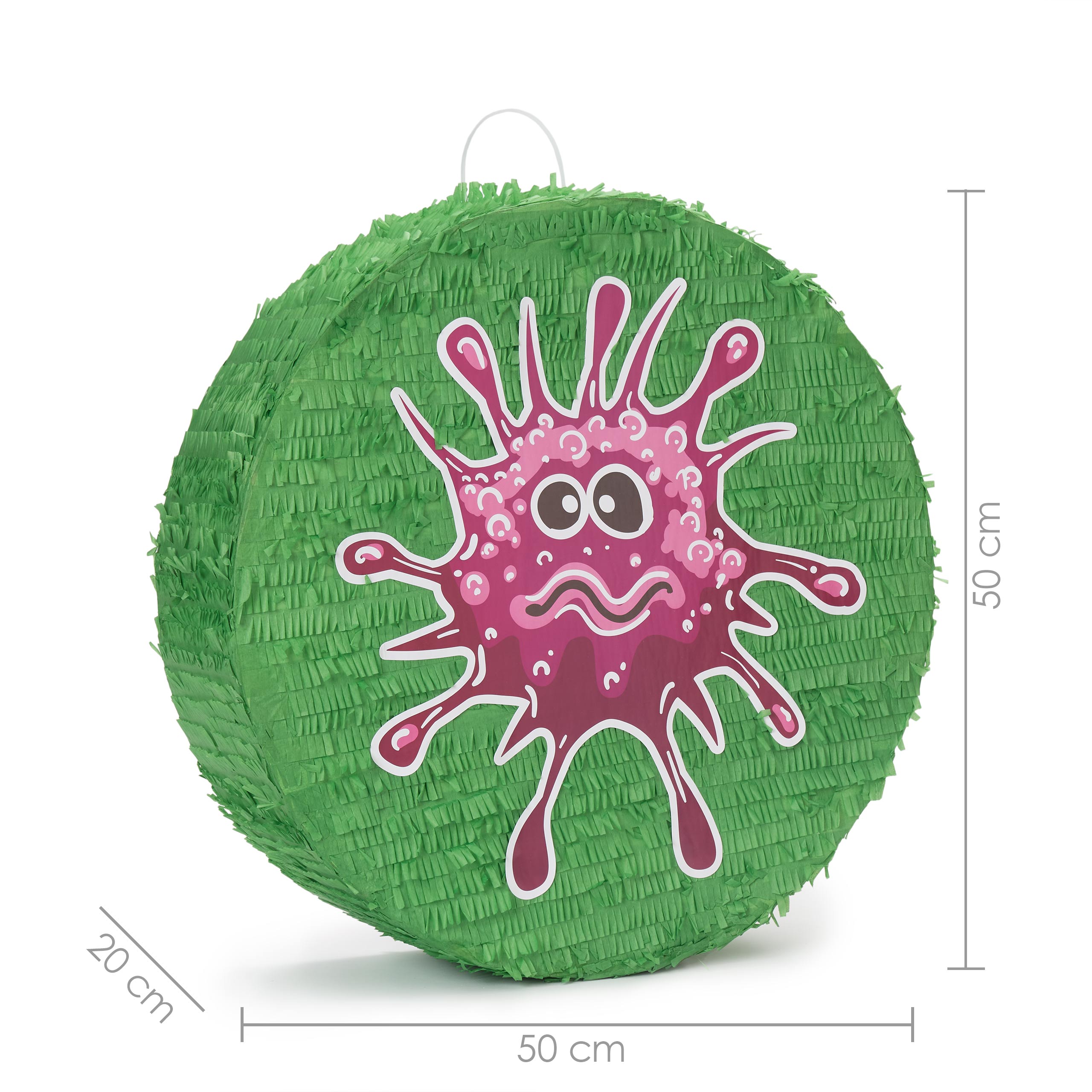 Pinata Set zum Befüllen inkl. Schläger & Augenbinde "Beat The Virus" - grüne Virus-Pinata mit lustigem Design und 50 cm Größe.