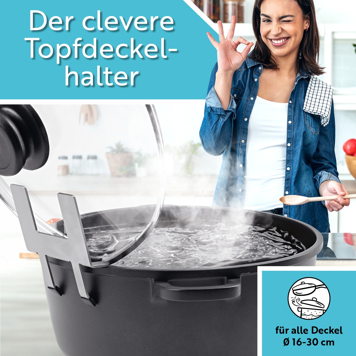 Topfdeckelhalter für Töpfe & Pfannen - 2er-Set aus Edelstahl mit Silikonfüßen für Töpfe und Pfannen Ø 16-30 cm, verhindert Überkochen.