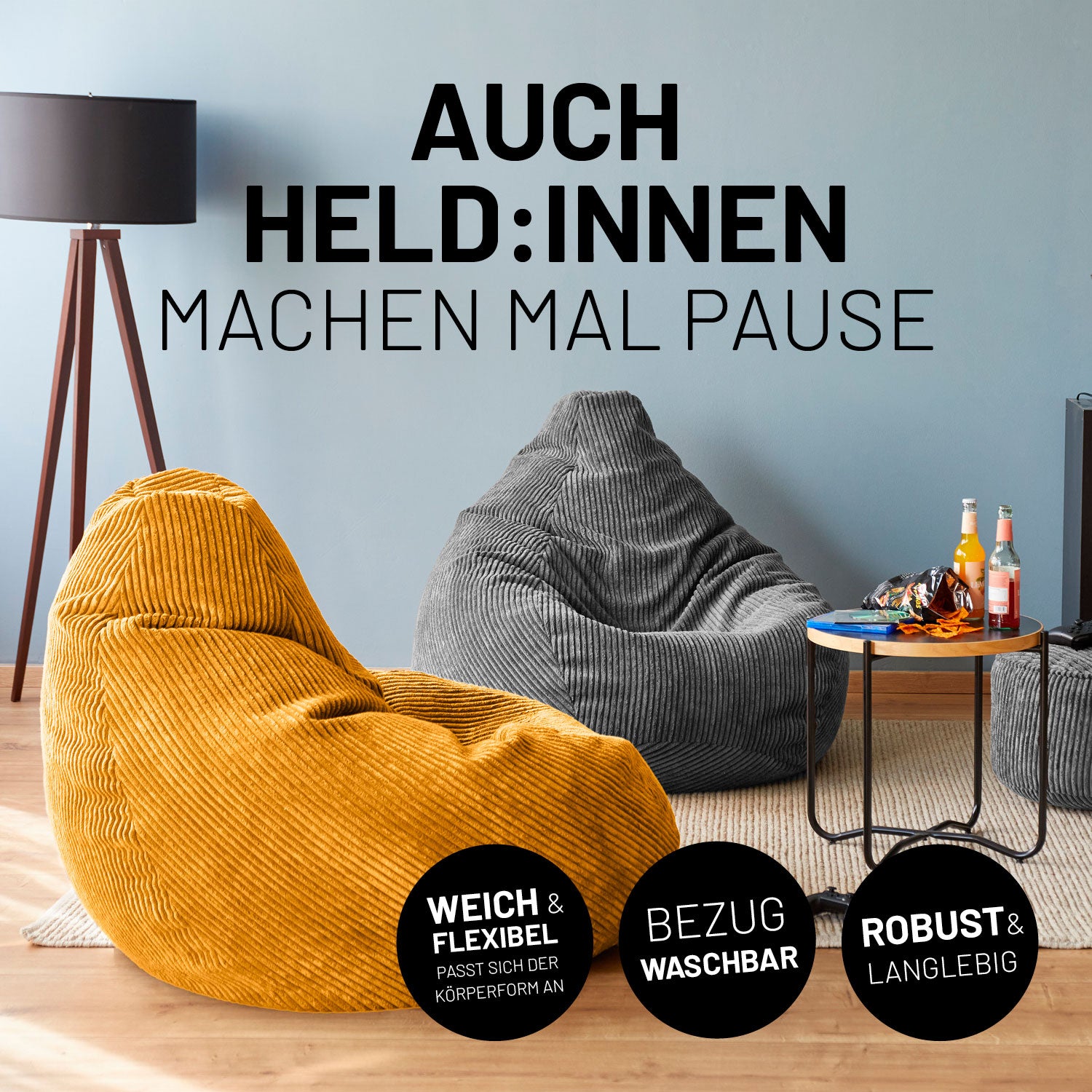 Sitzsack GIANT aus der Cord-Reihe - Senfgelb, großer weich gepolsterter Sitzsack ideal für gemütliche Pausen im modernen Zuhause.