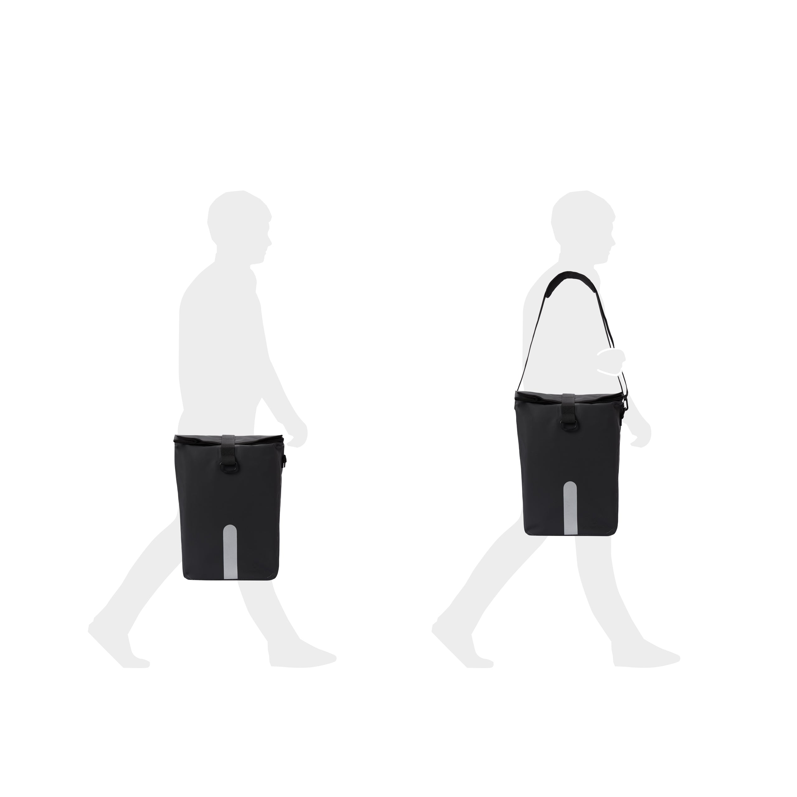 Zwei Ansichten der wasserdichten Fahrradtasche Roll-Top - 21 L - Schwarz, gezeigt als Hand- und Umhängetasche.