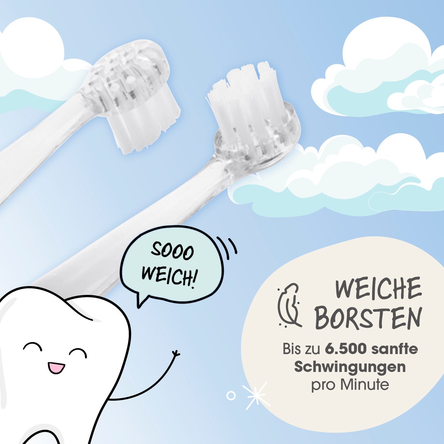 Elektrische Kinder-Zahnbürste mit Smart Timer Blau/Weiß mit weichen Borsten und bis zu 6.500 sanften Schwingungen pro Minute.