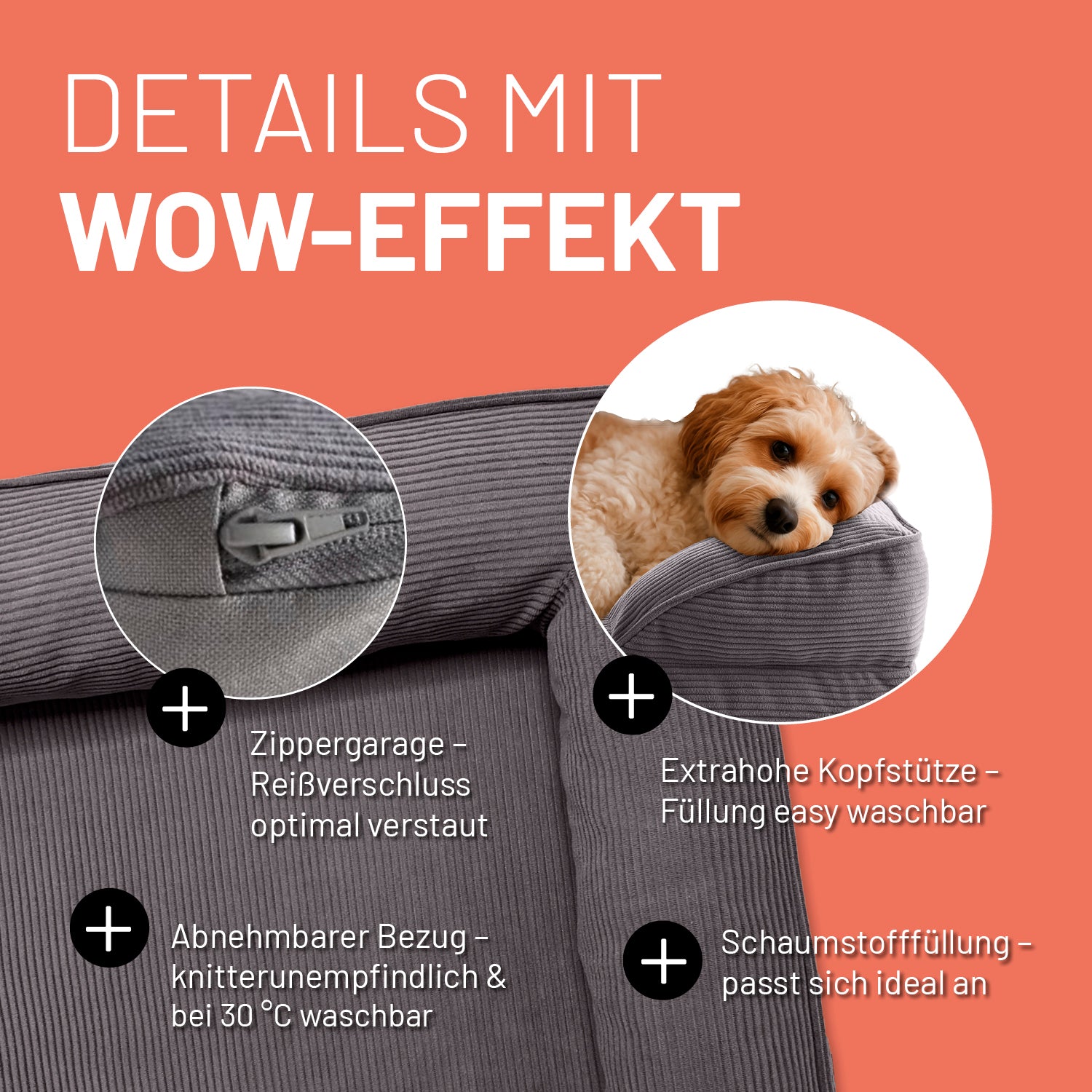 Komfort-Hundebett aus der LUMALAND Cord-Reihe Gr. S 70 x 60 cm Grau mit extrahohem Rand, abnehmbarem Bezug und weicher Schaumstofffüllung