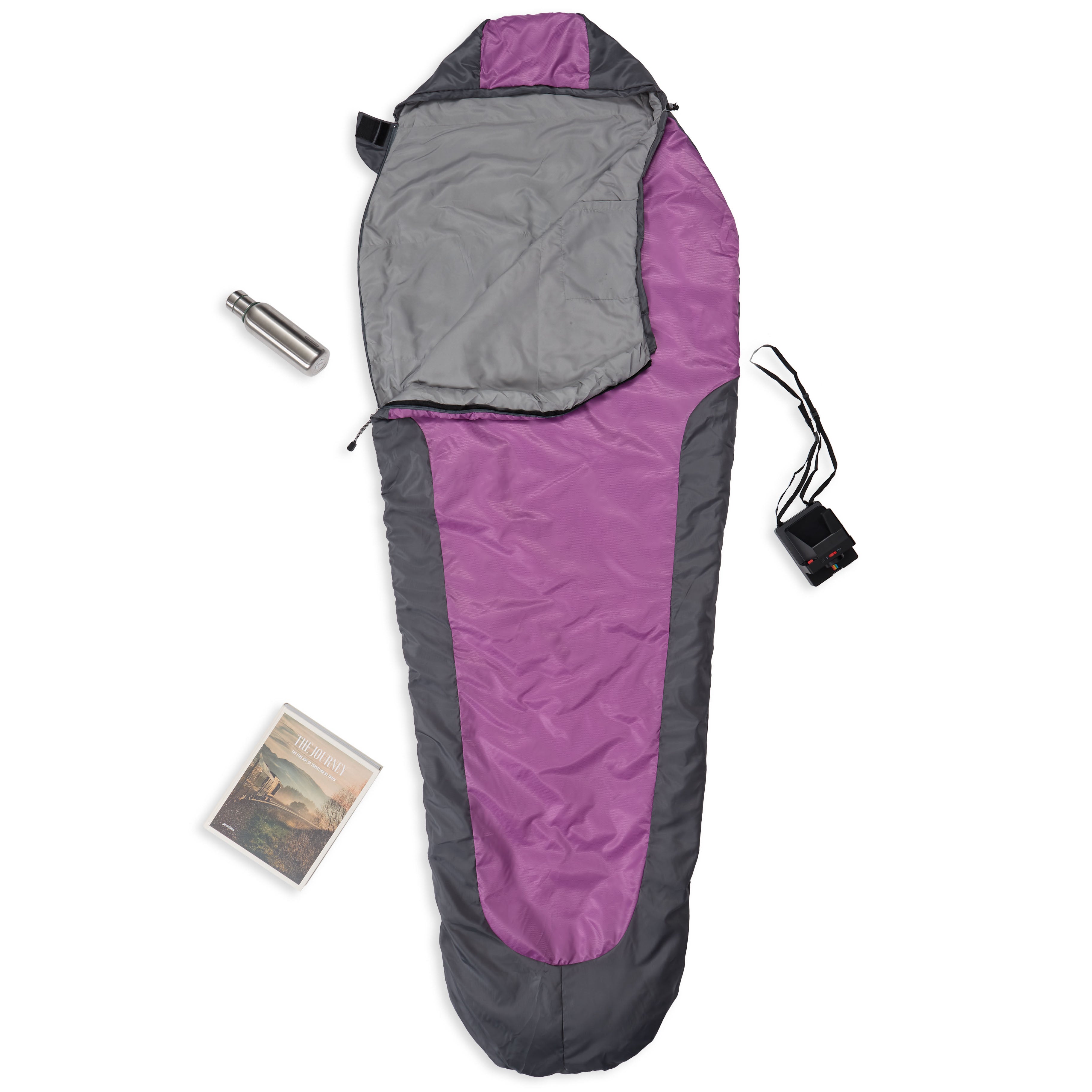 Camping Schlafsack Small & Light - Mumienschlafsack mit Tasche in Grau-Lila, wasserabweisend und mit extra Kissenfach.