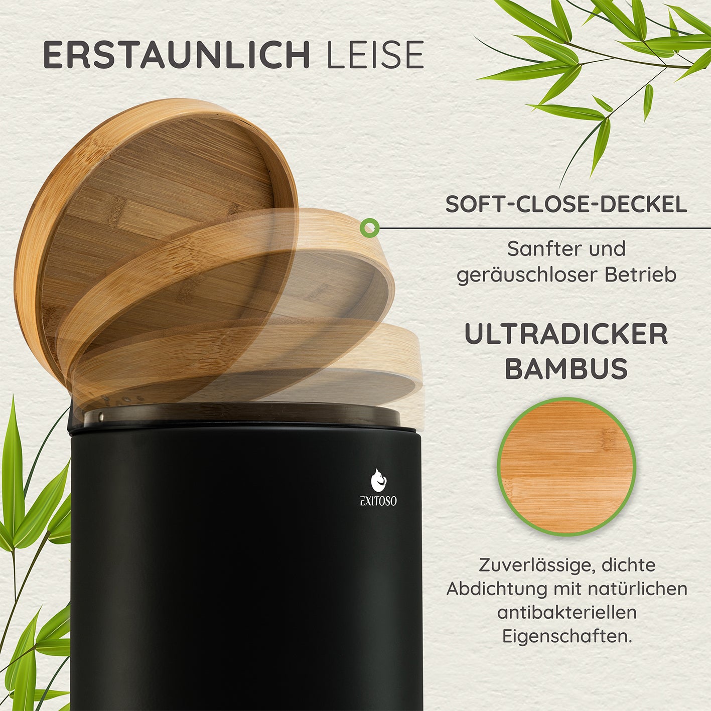 Tretmülleimer mit Softclose-Deckel - 5 l - Schwarz mit leisem Softclose-Bambusdeckel und geräuschlosem Schließmechanismus.