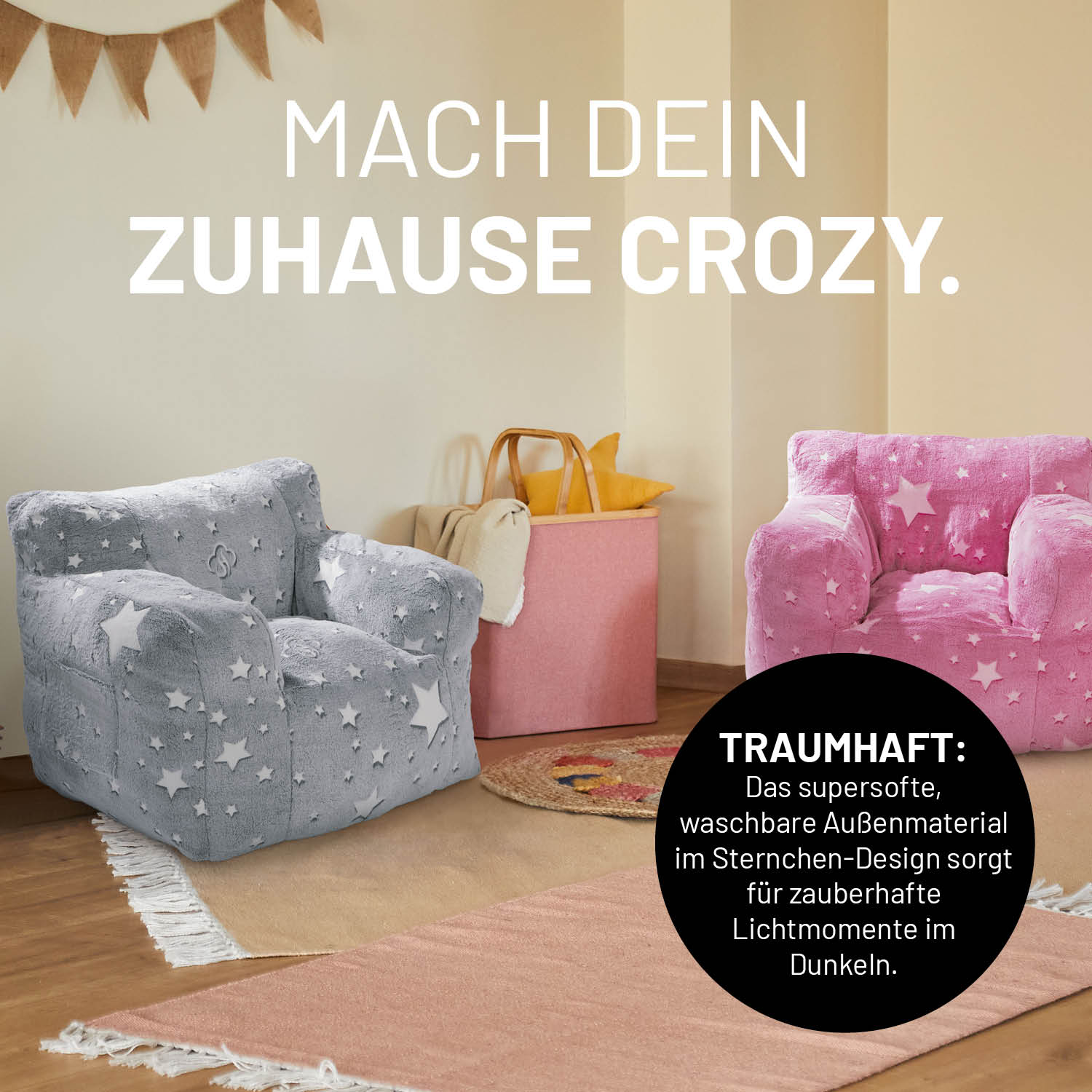 Sessel „Glow in the Dark“ - Pink mit leuchtendem Sternen-Design, weichem Material und praktischer Seitentasche für das Kinderzimmer.