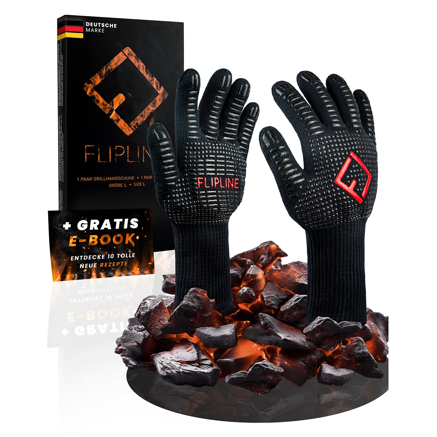 Grillhandschuhe - Größe L aus hitzebeständigen Aramidfasern mit Silikonbeschichtung für sicheren Griff und langem Unterarmschutz.