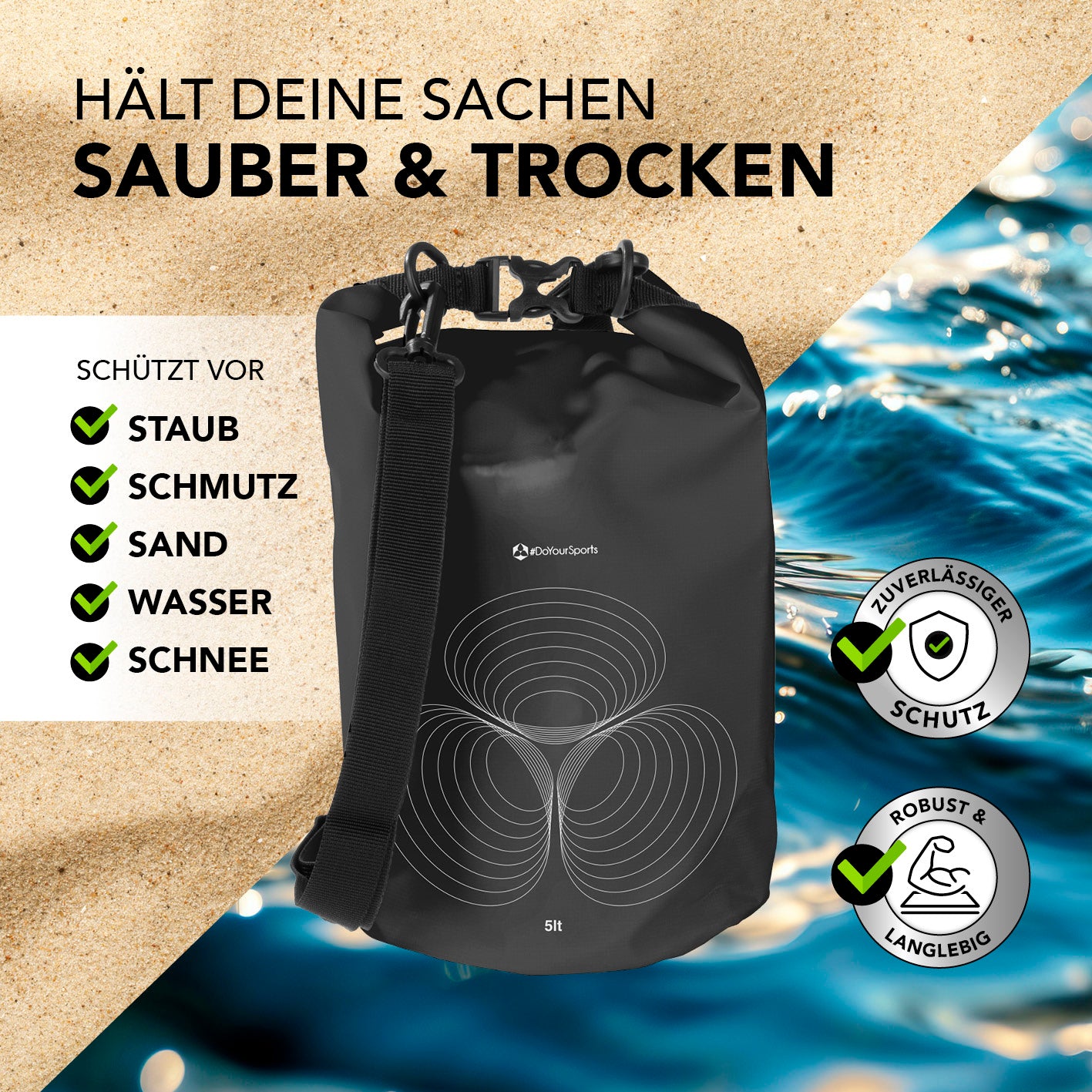 Dry Bag 5L - Schwarz wasserdichter Rucksack mit Rolltop, schützt vor Staub, Schmutz, Sand, Wasser und Schnee, robust und langlebig.
