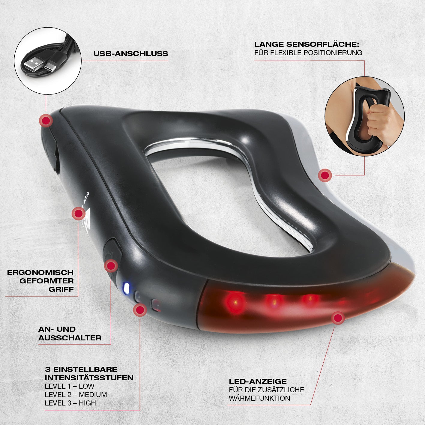 EMS Massagegriff mit ergonomischem Griff, 3 Intensitätsstufen, LED-Wärmefunktion und flexiblem Sensor für effektive Muskelmassage.