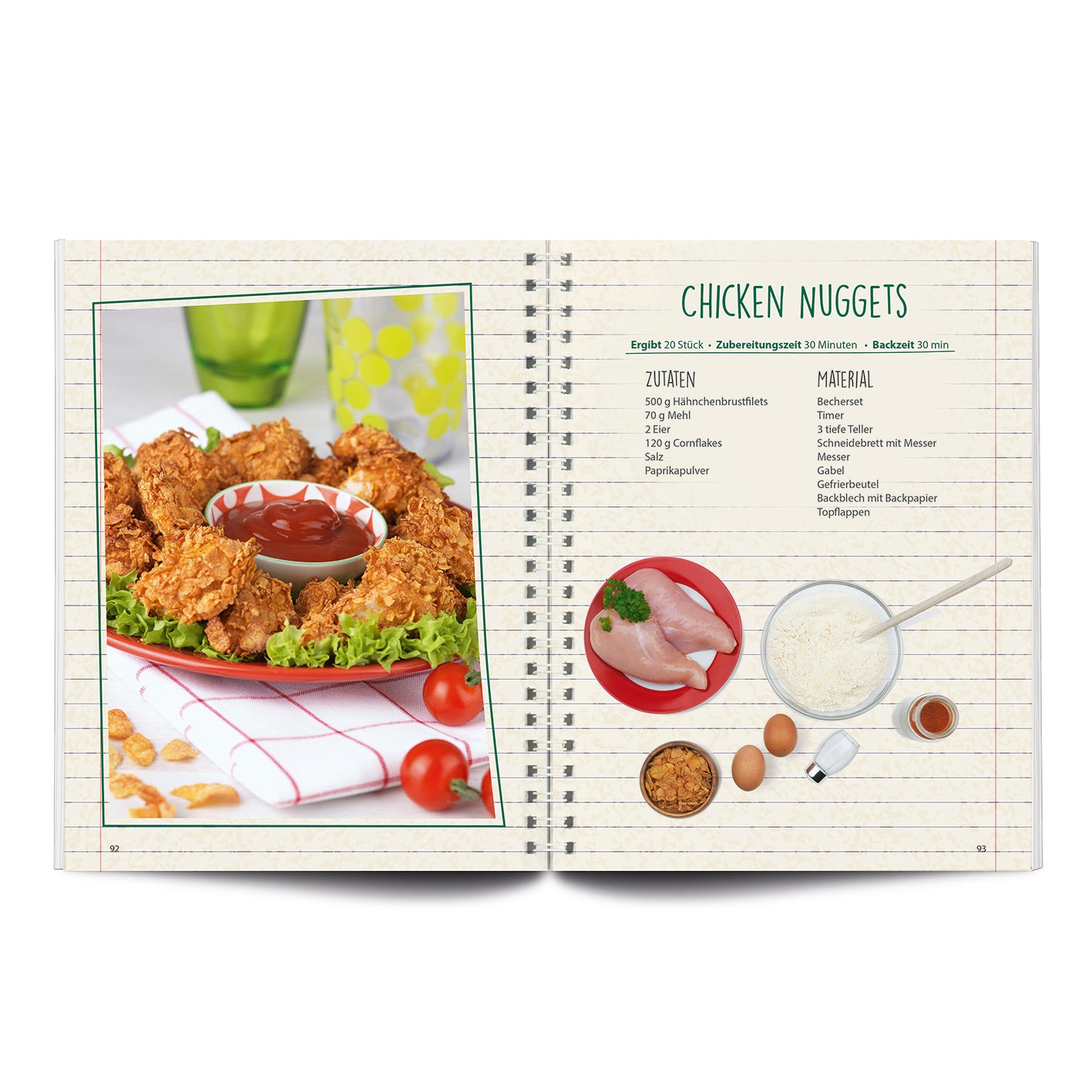 Rezeptbuch inkl. Messbecher-Set - Band 4 - Kleine Gerichte ganz groß! zeigt ein Rezept für kinderfreundliche Chicken Nuggets.