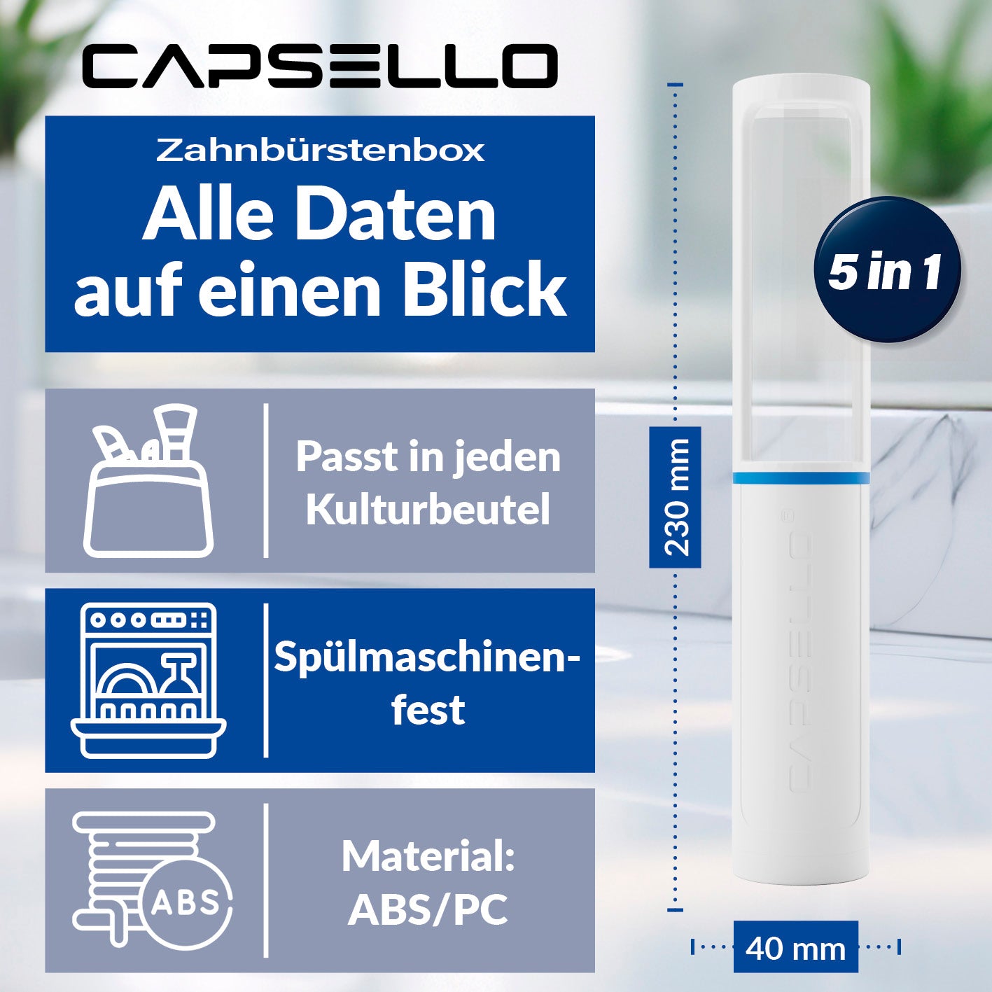Zahnbürstenbox - weiß, 5-in-1 Funktion, spülmaschinenfest, kompakt, aus ABS/PC, ideal für Kulturbeutel und Reisen.