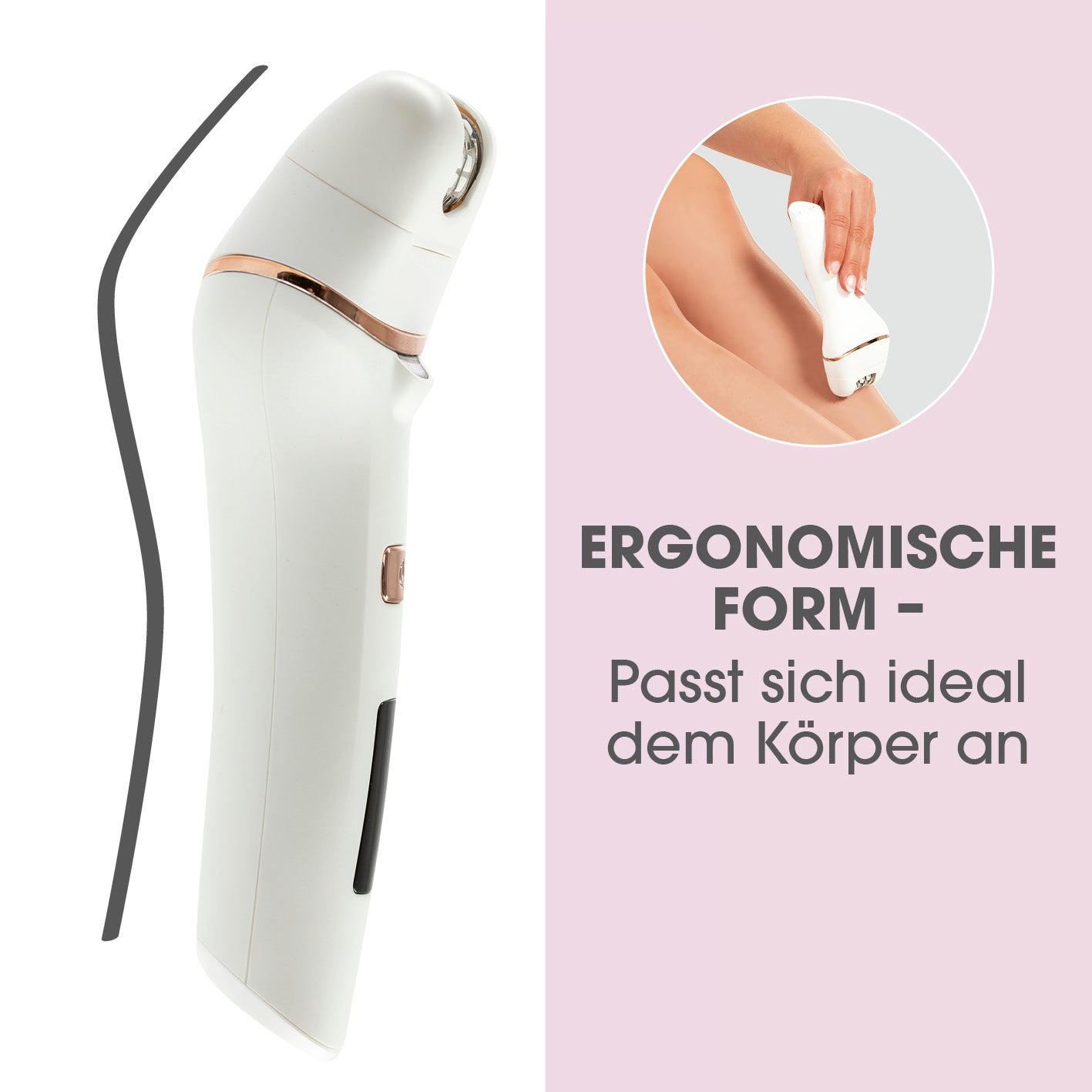 Epilierer inkl. Akku & USB-Kabel mit ergonomischer Form für präzise, sanfte Haarentfernung an verschiedenen Körperstellen.