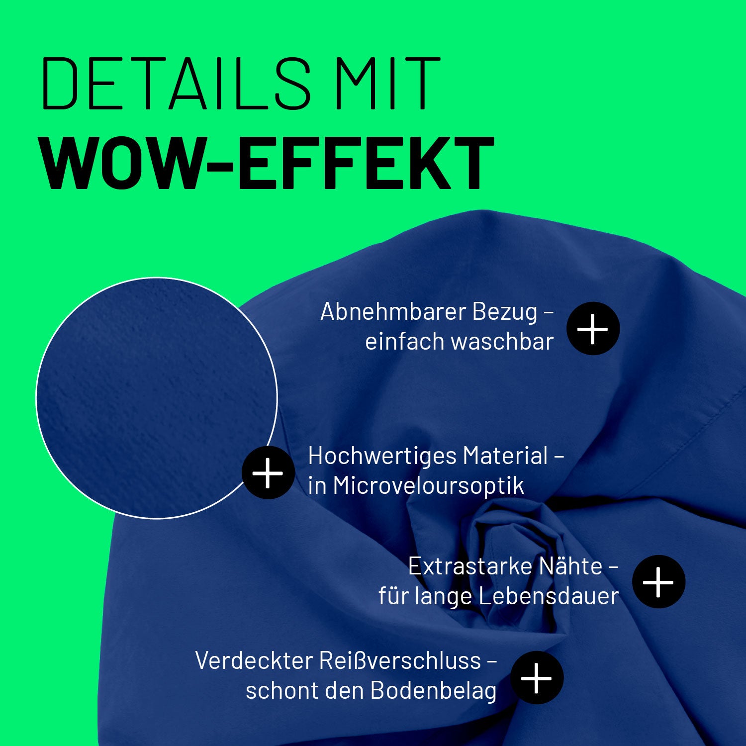 Luxury XL PLUS Sitzsack (220 L) Royalblau mit abnehmbarem, waschbarem Bezug aus hochwertigem Microvelours und verstärkten Nähten.