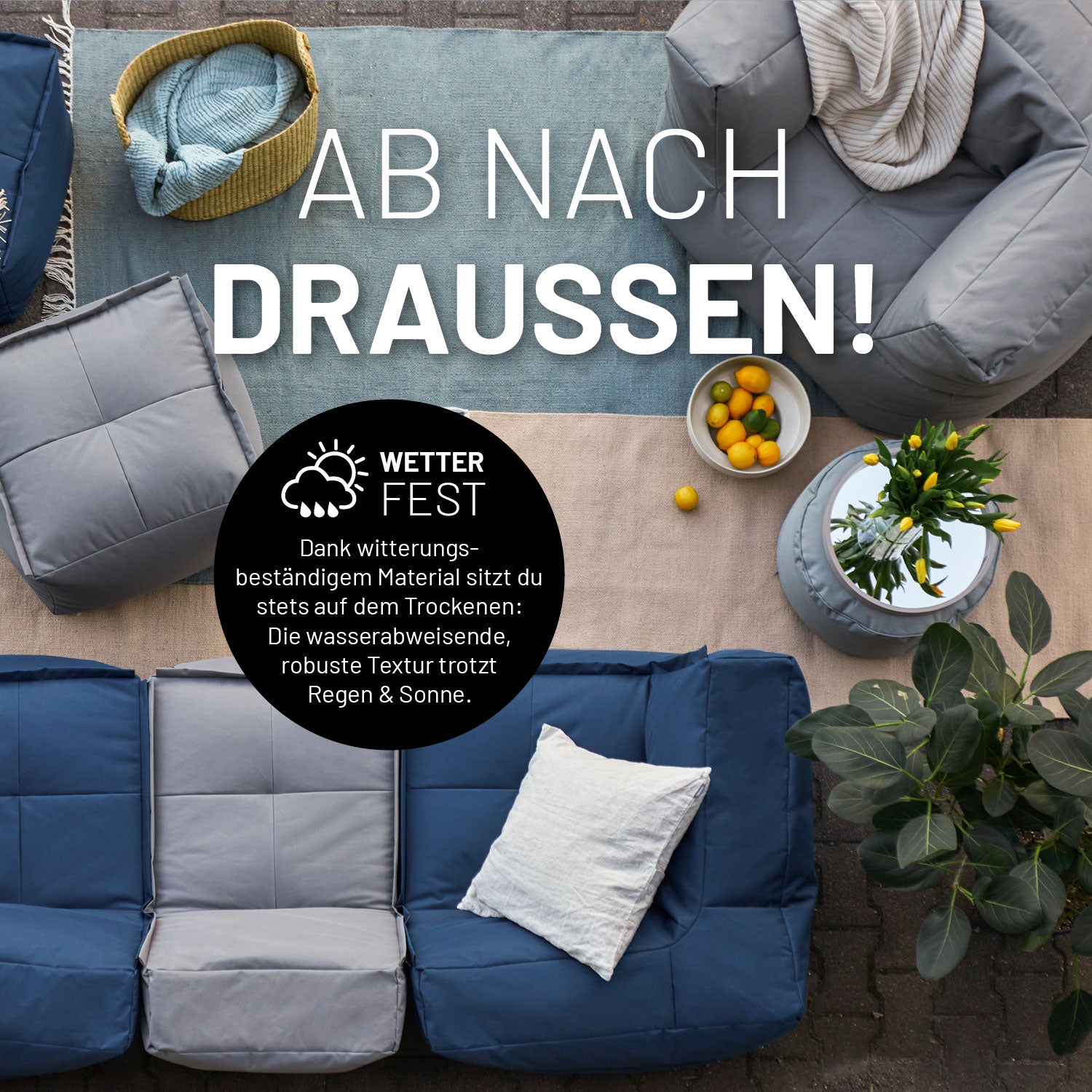Sitzsack-Sofa Mittelstück (200 L) Navyblau im modularen System, wetterfest, robust und für indoor & outdoor geeignet.