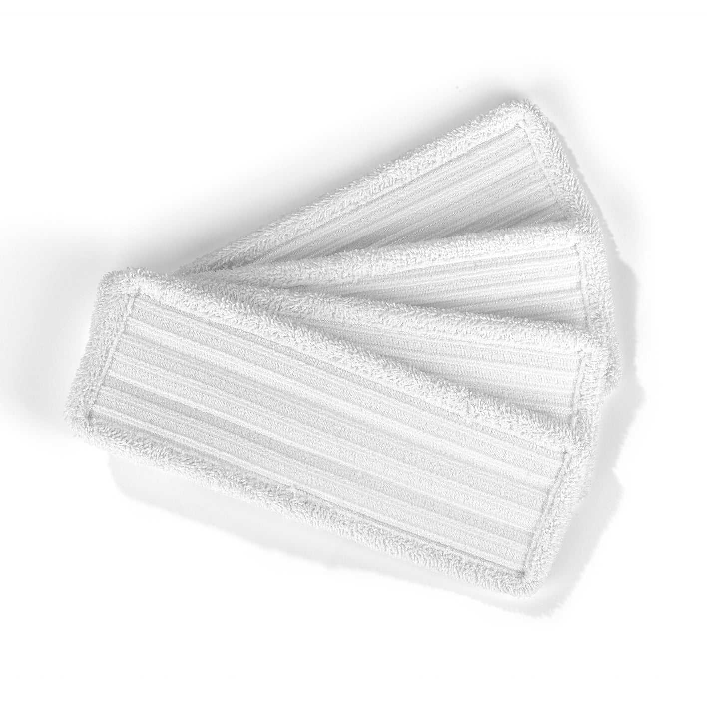 Akku-Vibrationsmopp mit Sprühfunktion - grau, drei weiße Mikrofaser-Wischpads für optimale Reinigung und Schonung empfindlicher Böden.