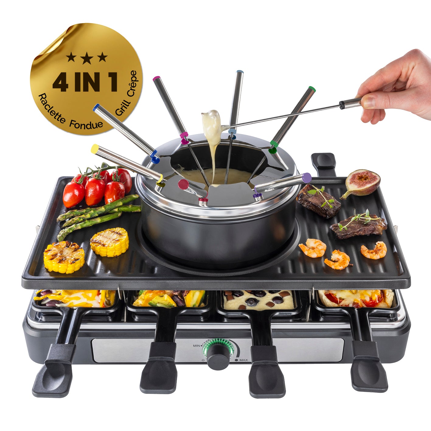 Raclette- und Fondue-Set - 8 Personen mit 4in1 Grill und Fondue für vielseitigen Genuss mit 8 Pfännchen und stufenloser Temperaturregelung