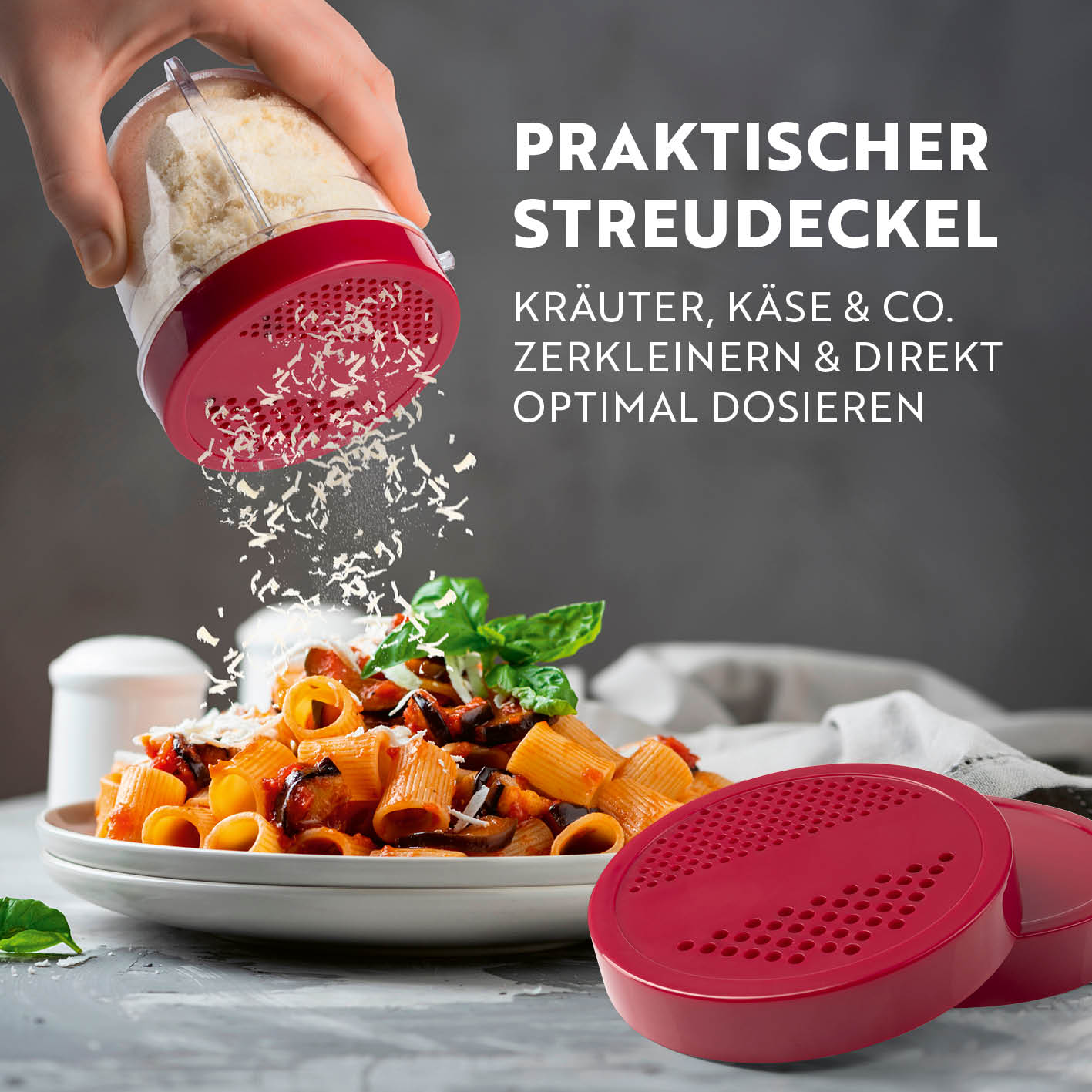 Mr. Magic Power 400 Pro mit Zubehörset XL - Silber/Rot praktischer Streudeckel zum Kräuter- und Käse dosieren und zerkleinern.