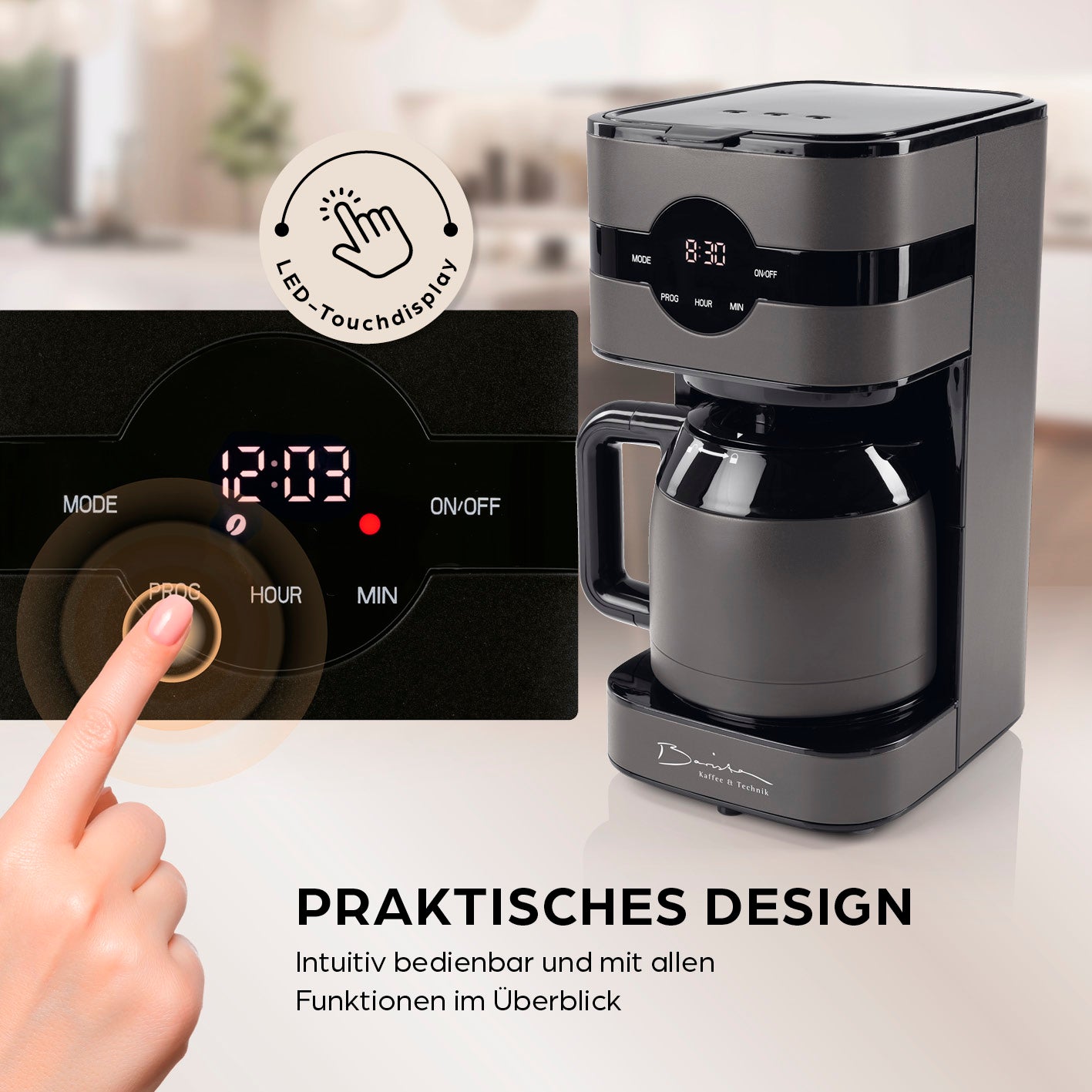 Filterkaffeemaschine Touch Iso - Grau mit LED-Touchdisplay, Timerfunktion und doppelwandiger Edelstahl-Isolierkanne, modernes Design.